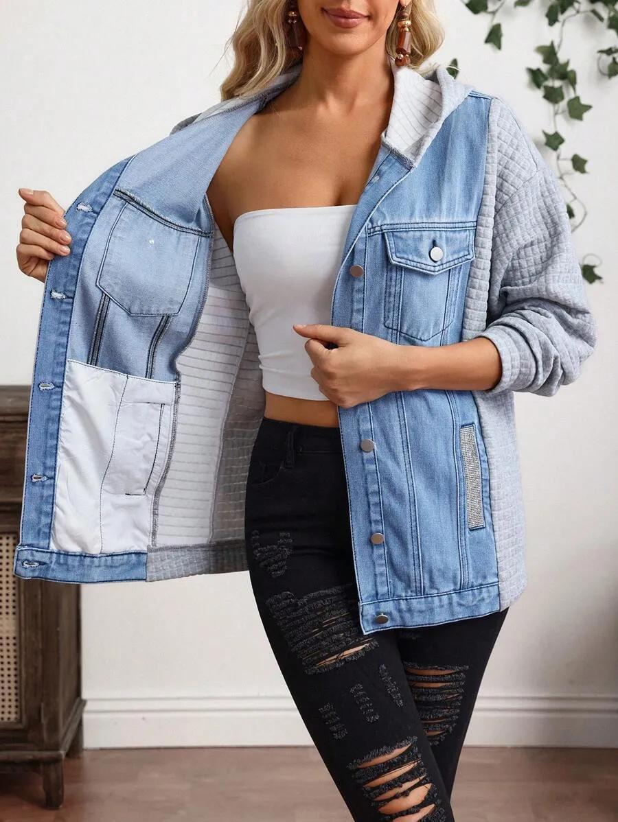 EMERY ROSE Women's Casual Button-Up Denim Hooded Jacket, For Daily Wear