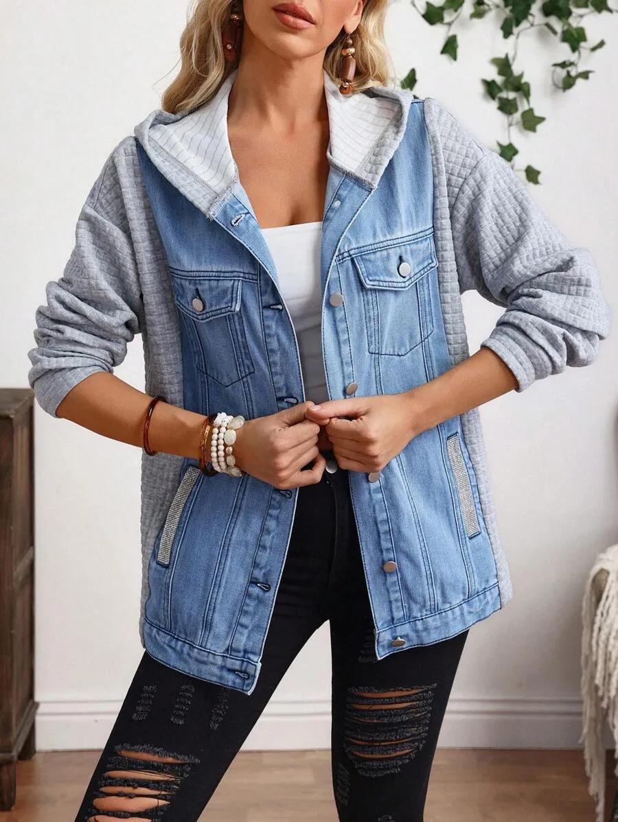 EMERY ROSE Women's Casual Button-Up Denim Hooded Jacket, For Daily Wear