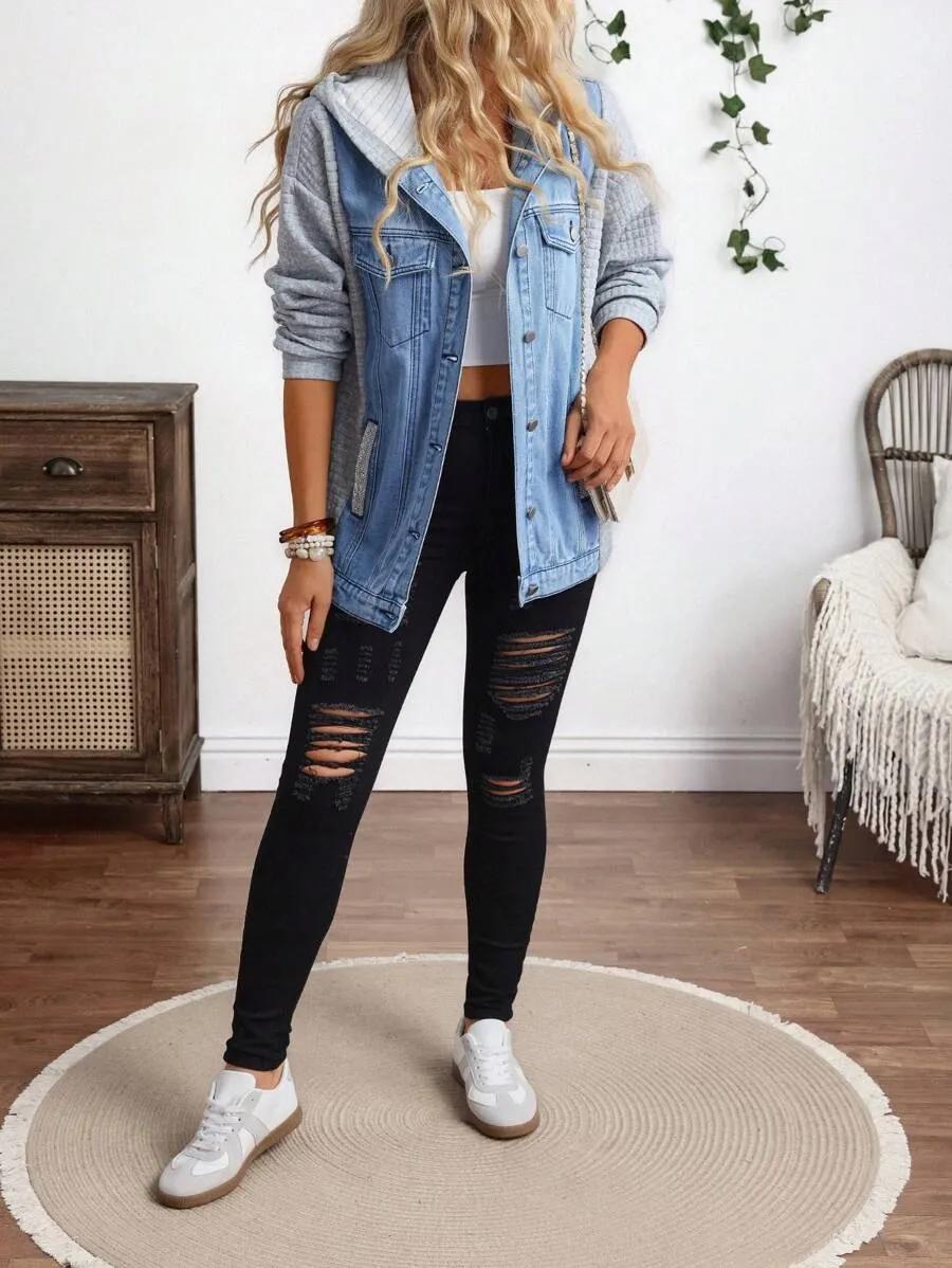 EMERY ROSE Women's Casual Button-Up Denim Hooded Jacket, For Daily Wear