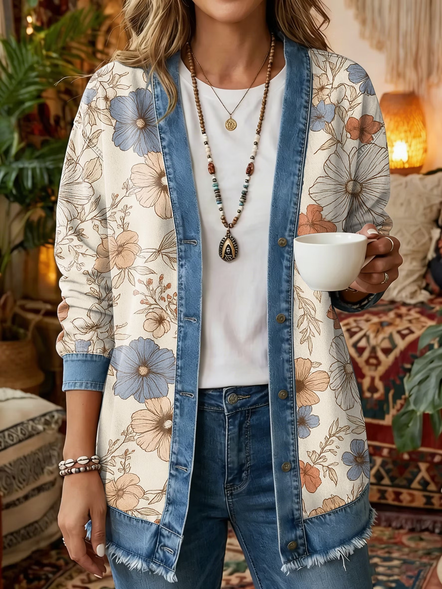 Women's Vintage Pattern Art Print Casual Long-sleeve Shirt Jacket