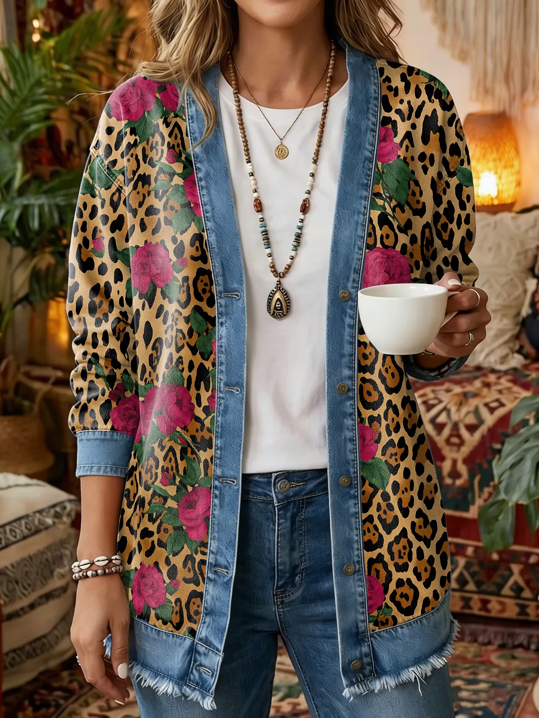 Women's Vintage Pattern Art Print Casual Long-sleeve Shirt Jacket