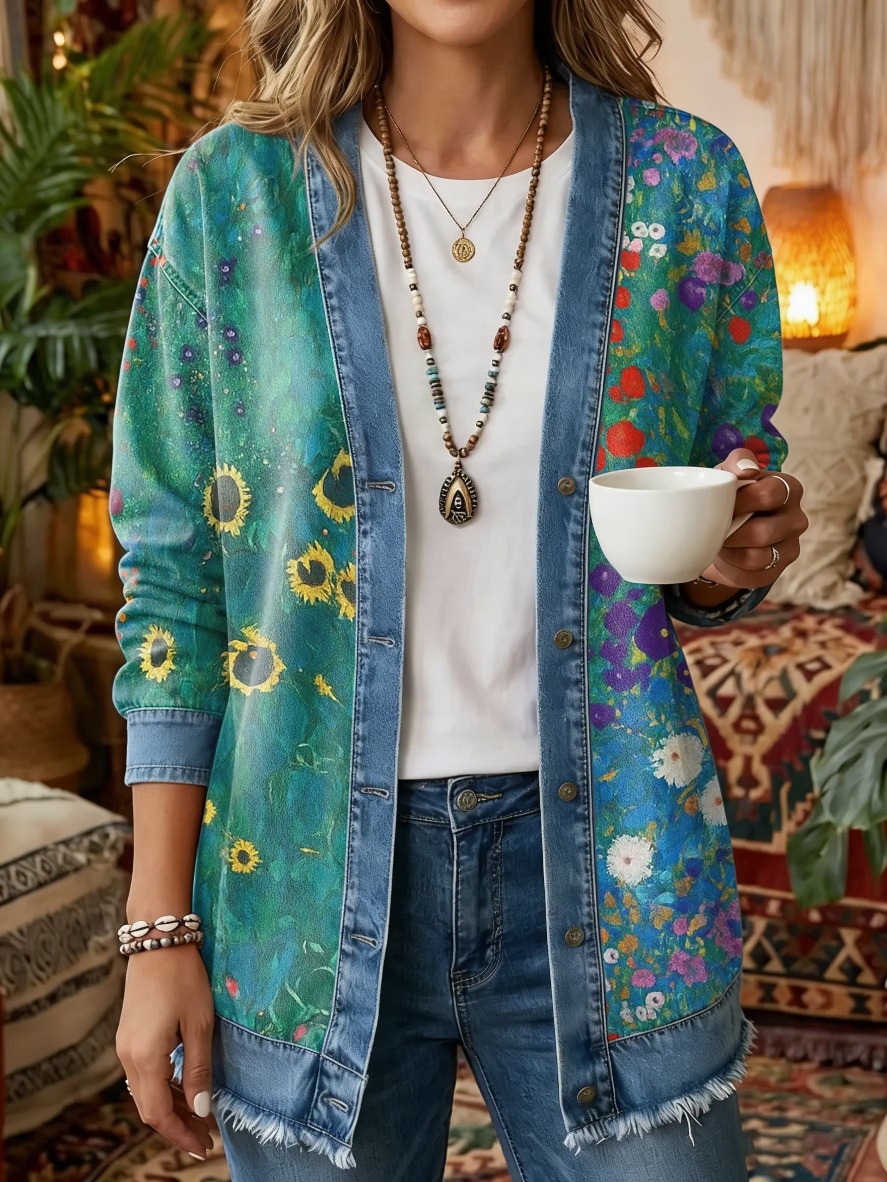 Women's Vintage Pattern Art Print Casual Long-sleeve Shirt Jacket