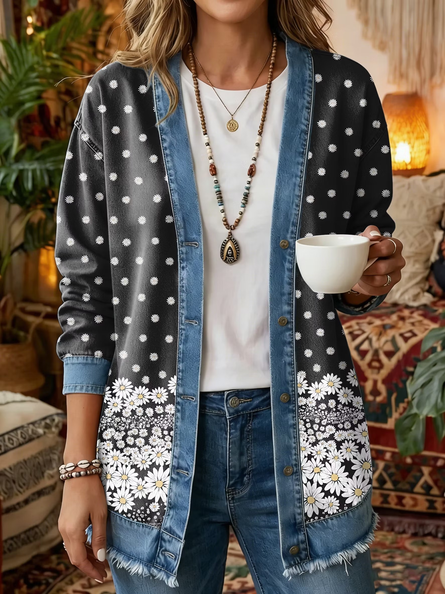 Women's Vintage Pattern Art Print Casual Long-sleeve Shirt Jacket