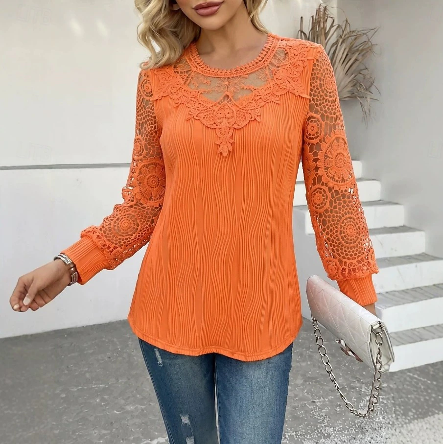 Women's Eyelet Top Boho Shirt Lace Shirt Elegant Bohemia Vacation Long Sleeve Long Tops Casual Daily Holiday