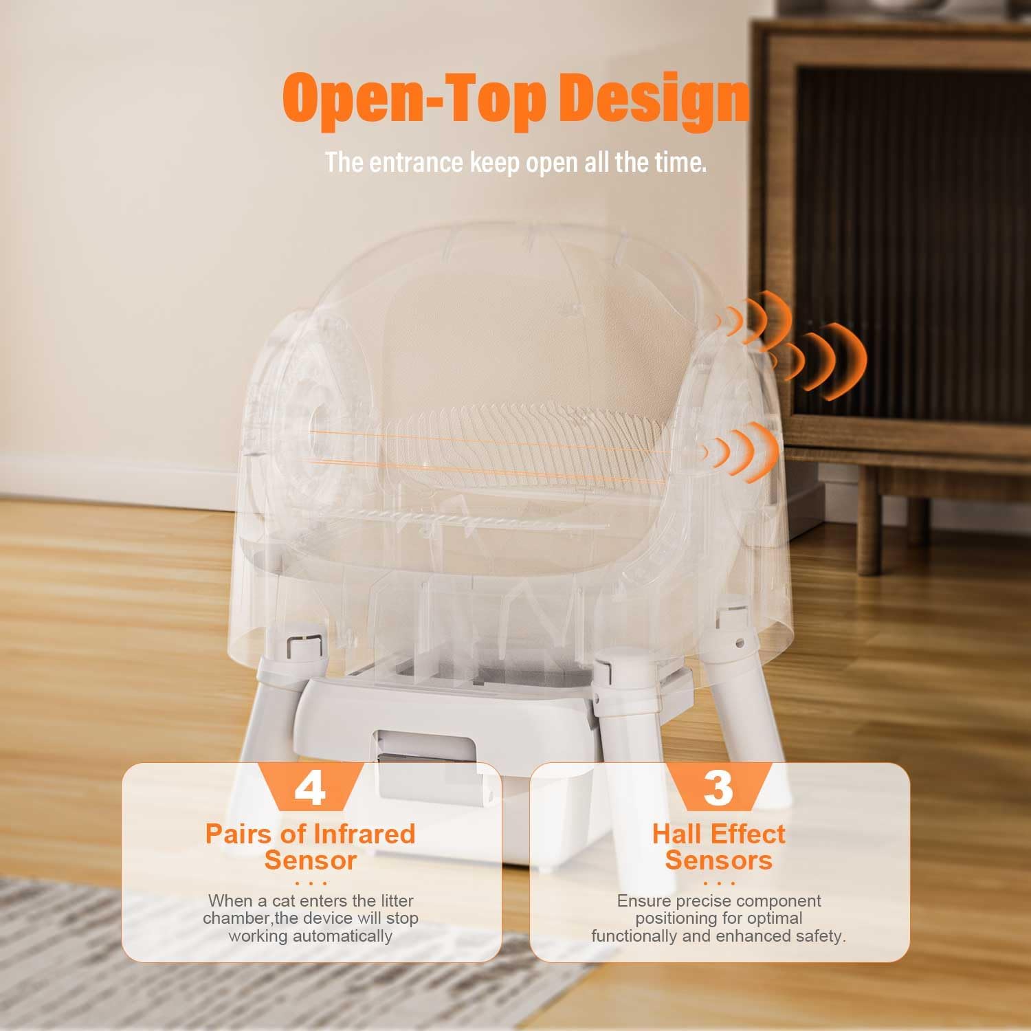 Open-Top Self Cleaning Cat Litter Box, Automatic Cat Litter Box for Multiple Cats with Trash Bags and Litter Mat Included