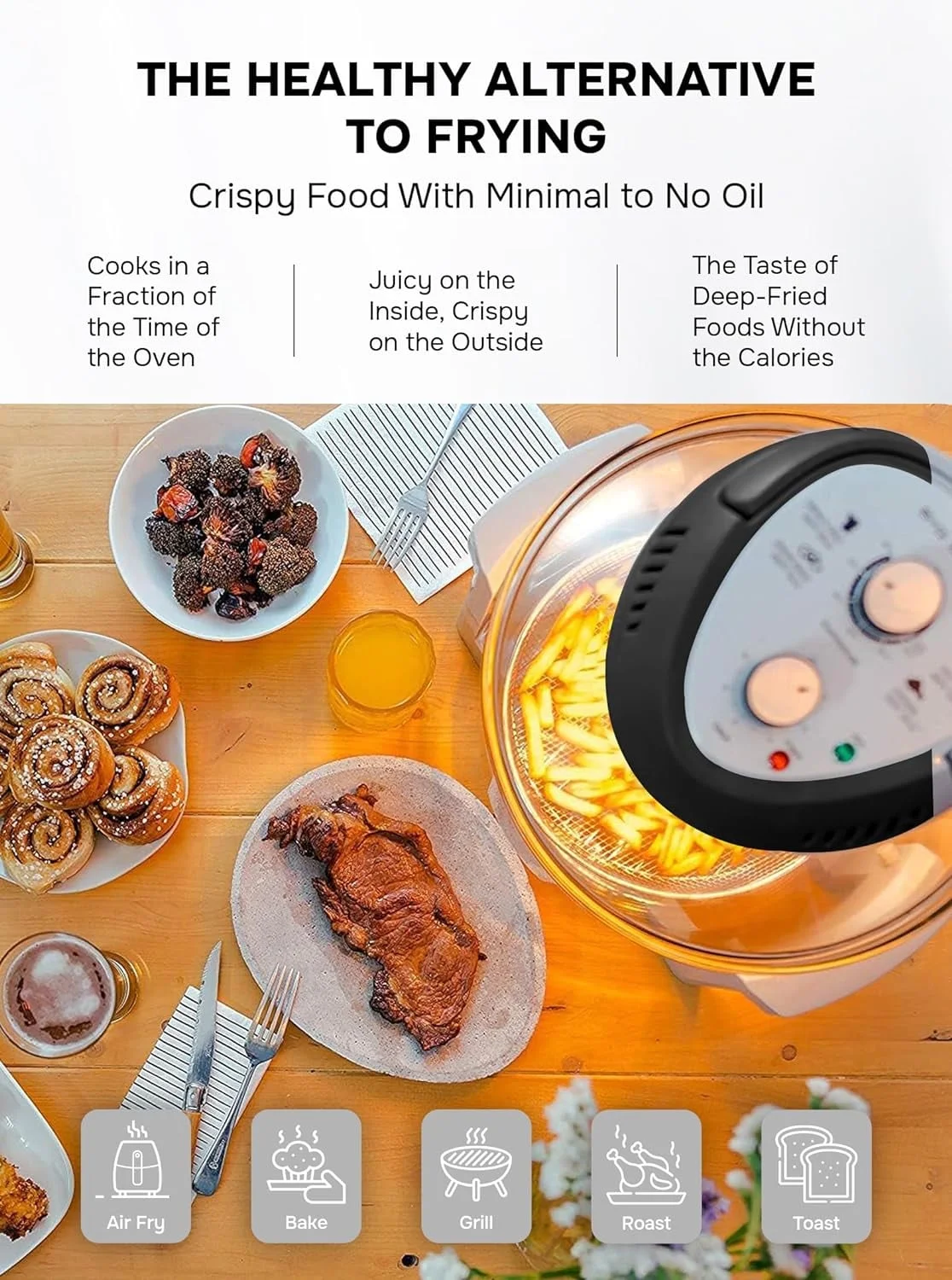 🎉Last Day 50% OFF⏰️ GraniteStone Air Fryer Toaster Oven Combo 16Qt Kitchen Countertop Convection Rotisserie 1300W Large Glass Bowl, Black