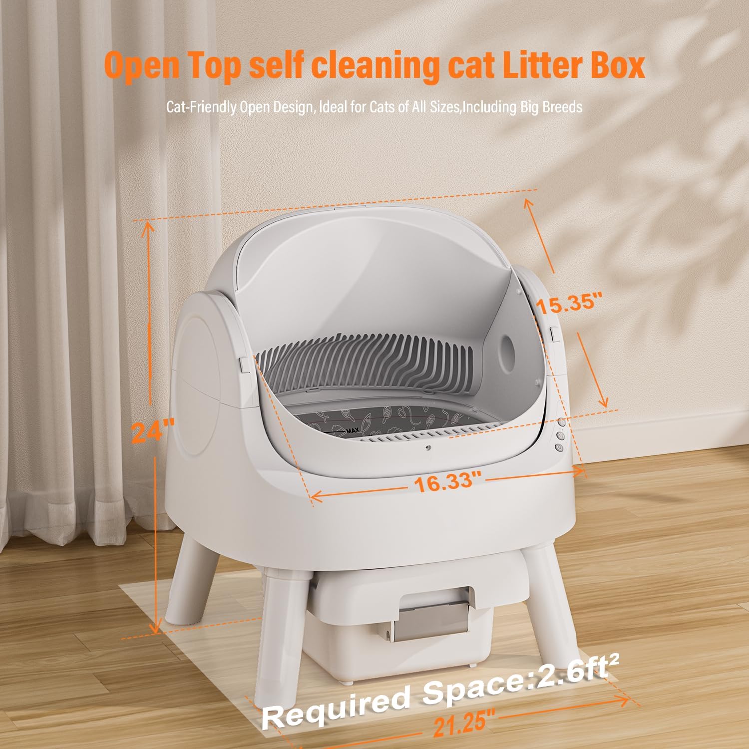 Open-Top Self Cleaning Cat Litter Box, Automatic Cat Litter Box for Multiple Cats with Trash Bags and Litter Mat Included
