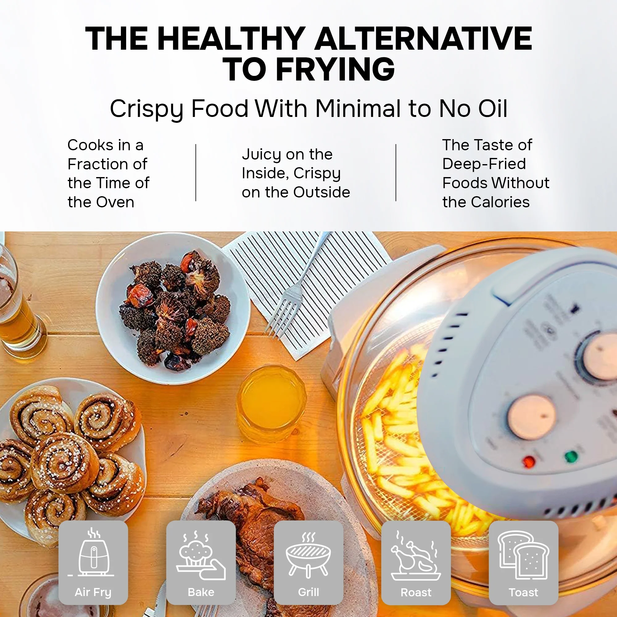 🎉Last Day 50% OFF⏰️ GraniteStone Air Fryer Toaster Oven Combo 16Qt Kitchen Countertop Convection Rotisserie 1300W Large Glass Bowl, Black