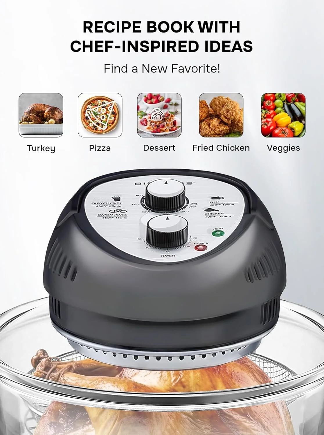 🎉Last Day 50% OFF⏰️ GraniteStone Air Fryer Toaster Oven Combo 16Qt Kitchen Countertop Convection Rotisserie 1300W Large Glass Bowl, Black