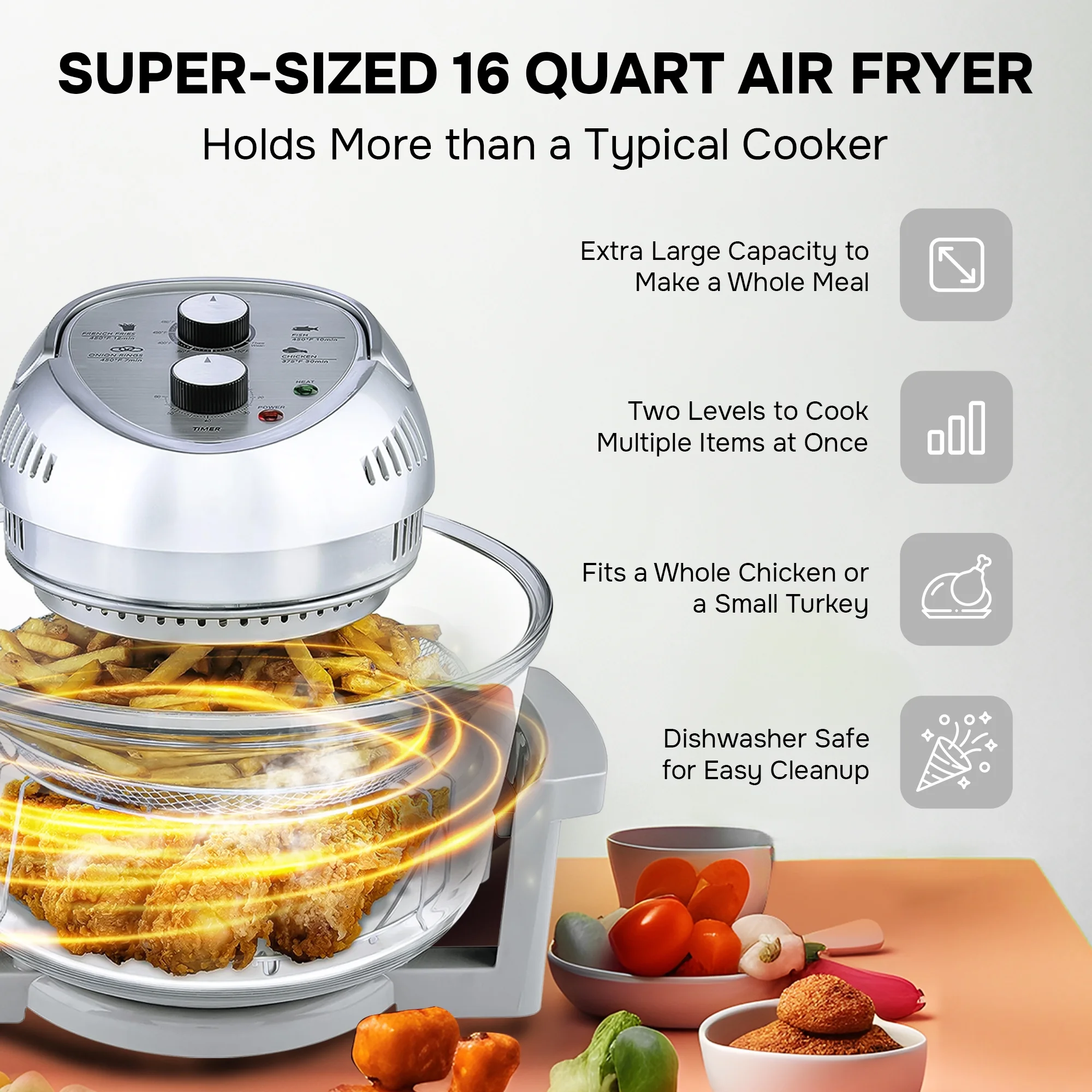 🎉Last Day 50% OFF⏰️ GraniteStone Air Fryer Toaster Oven Combo 16Qt Kitchen Countertop Convection Rotisserie 1300W Large Glass Bowl, Black