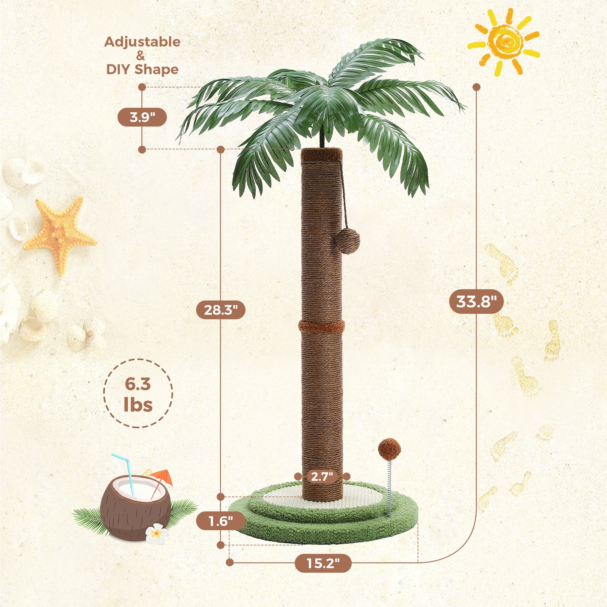 34" Coconut Palm Cat Scratching Post with Interactive Balls for Indoor Cats, Brown