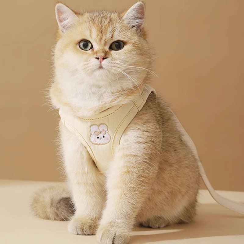 Rabbit Embroidered Cat Leash Set Beige Kitty Harness