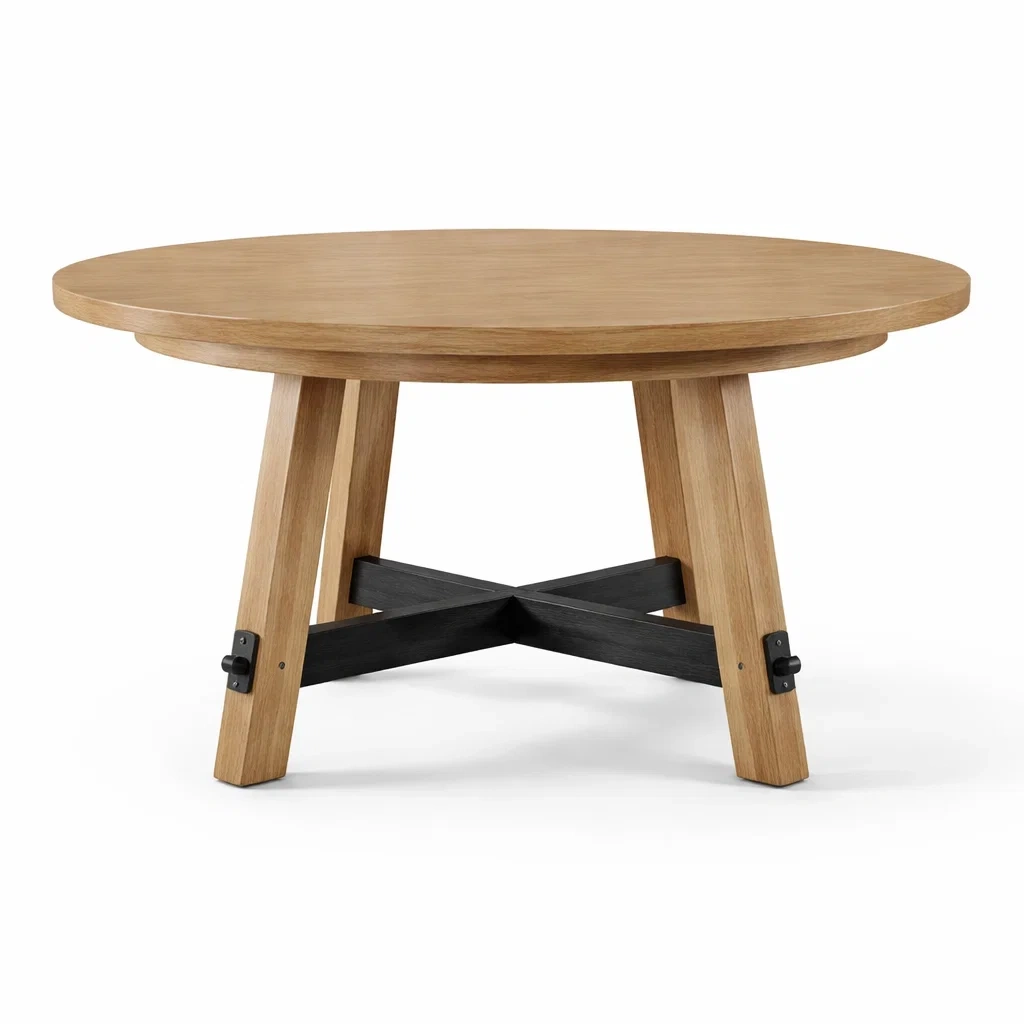 Tavolo rotondo in Legno di Rovere e Acciaio-FURNIFYHUB