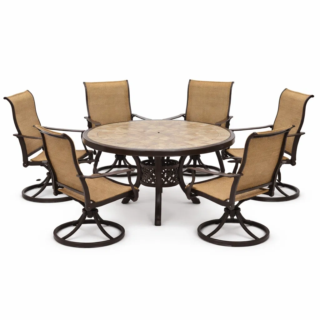 Set tavolo e sedie rotondo in Metallo e Mosaico con Sei Sedie in Tessuto-FURNIFYHUB