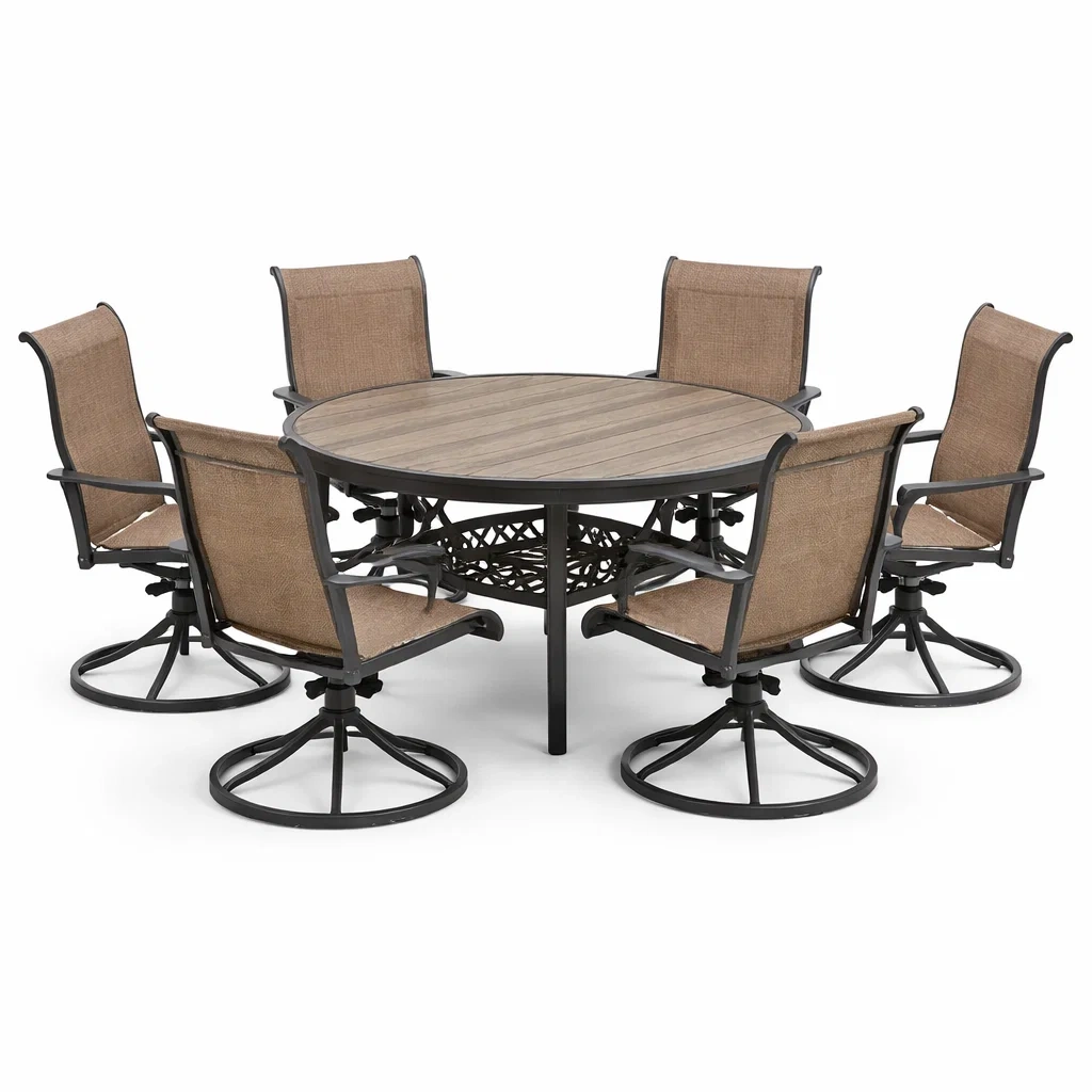 Set tavolo e sedie rotondo in Alluminio e Poliestere Marrone con Sei Sedie-FURNIFYHUB