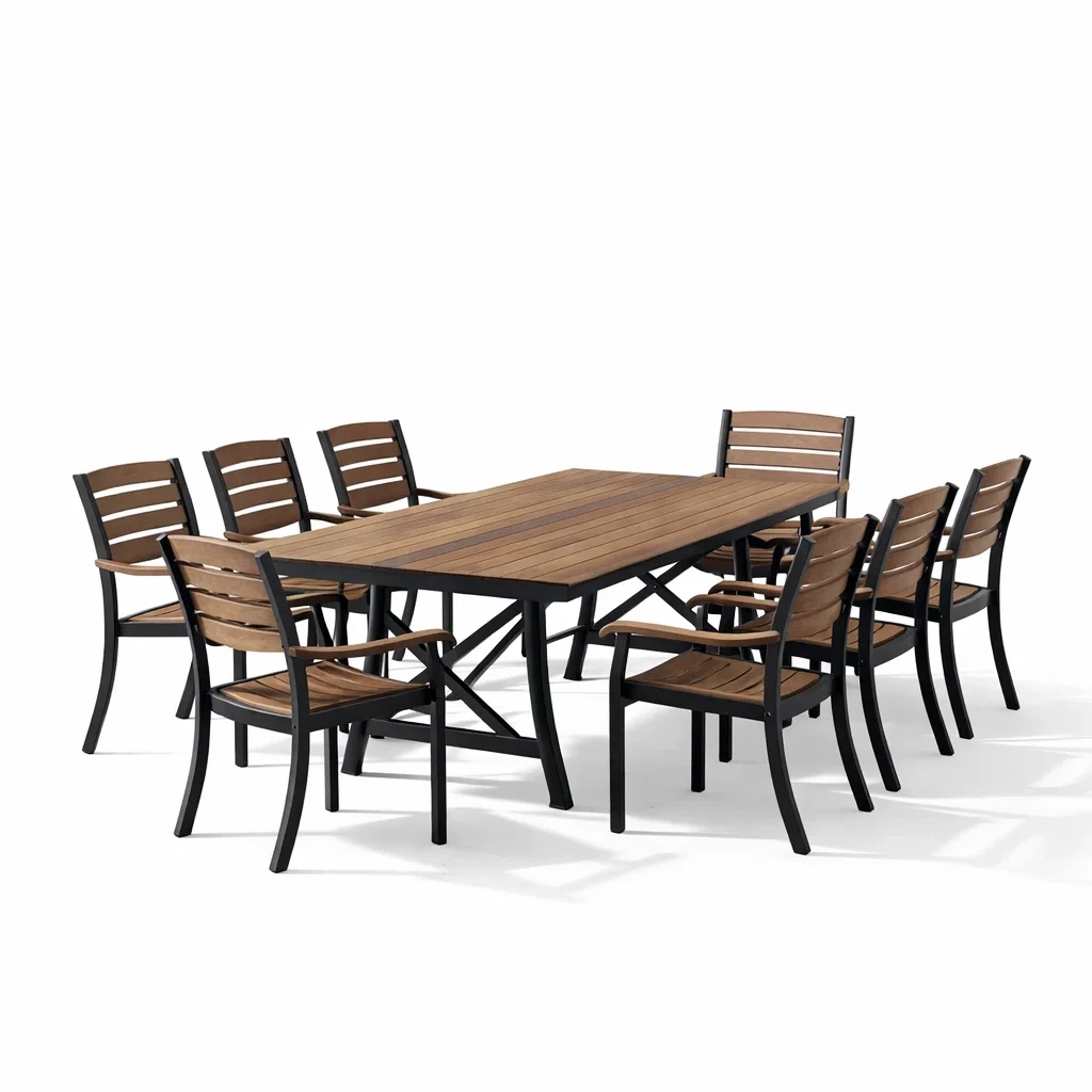 Set tavolo e sedie in Legno Composito e Metallo Marrone e Nero Nove Pezzi-FURNIFYHUB