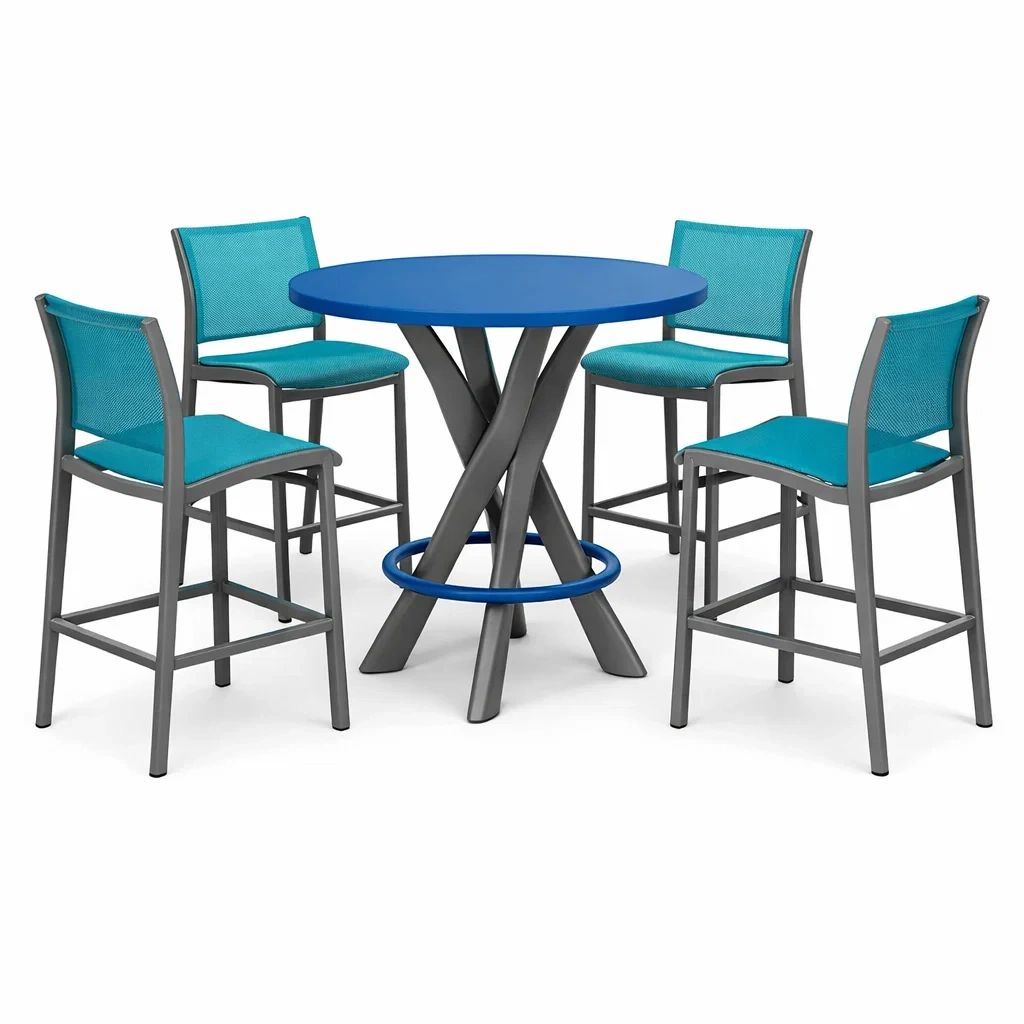 Set tavolo e sgabelli da bar in Alluminio Blu con Quattro Sgabelli in Tessuto Azzurro-FURNIFYHUB