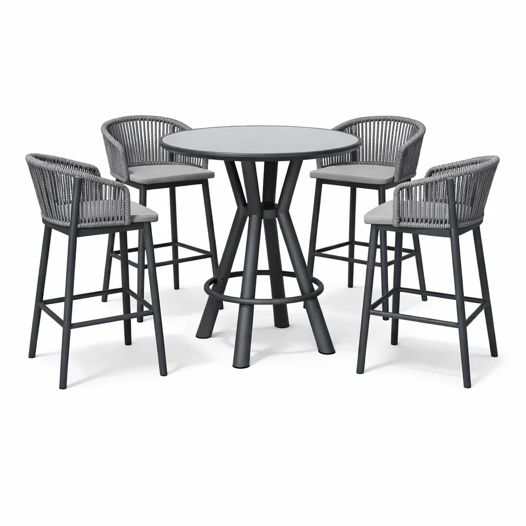 Set tavolo e sgabelli da bar rotondo in Alluminio con Quattro Sgabelli in Corda Sintetica Grigia-FURNIFYHUB