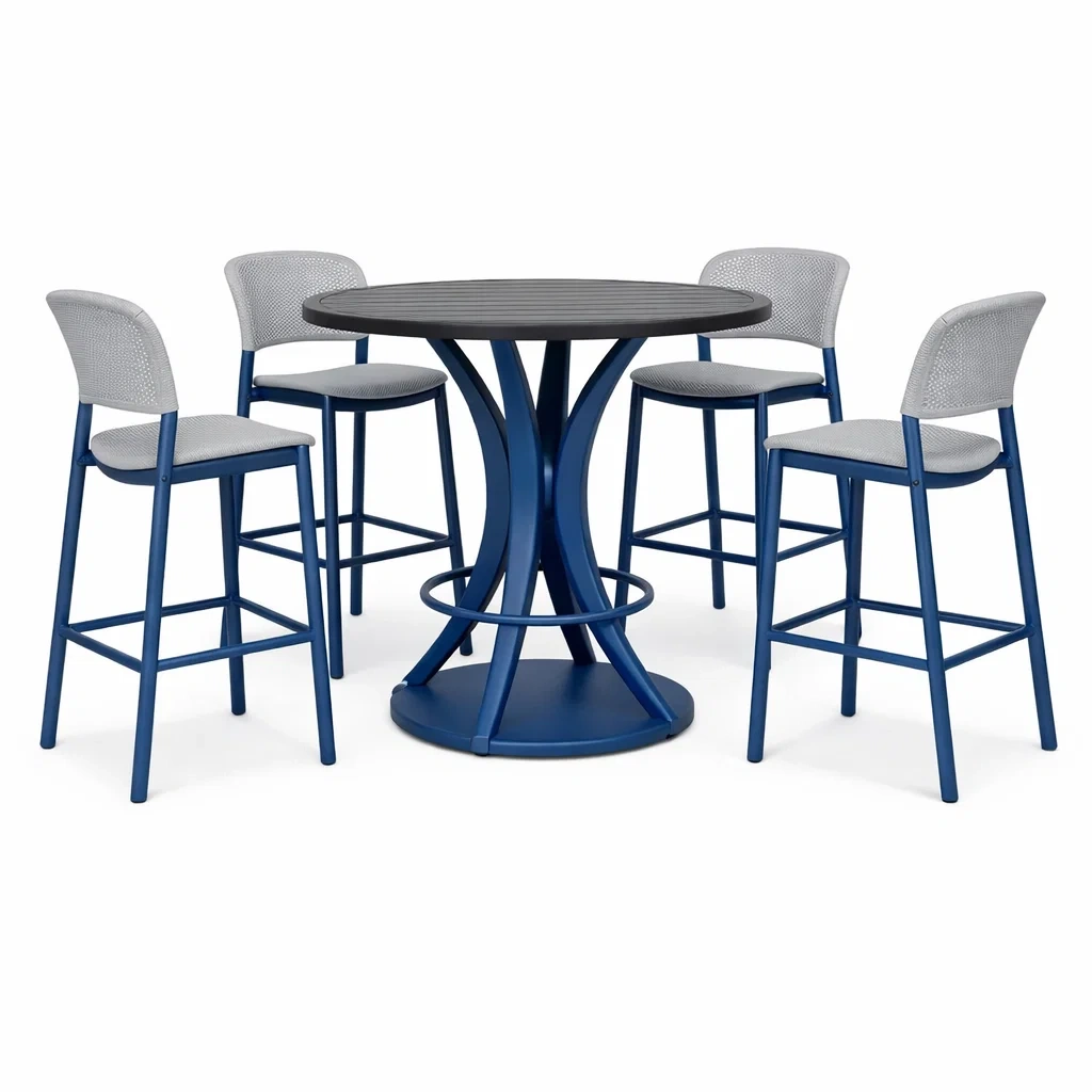 Set tavolo e sgabelli da bar rotondo con Quattro Sgabelli in Metallo Blu e Tessuto-FURNIFYHUB