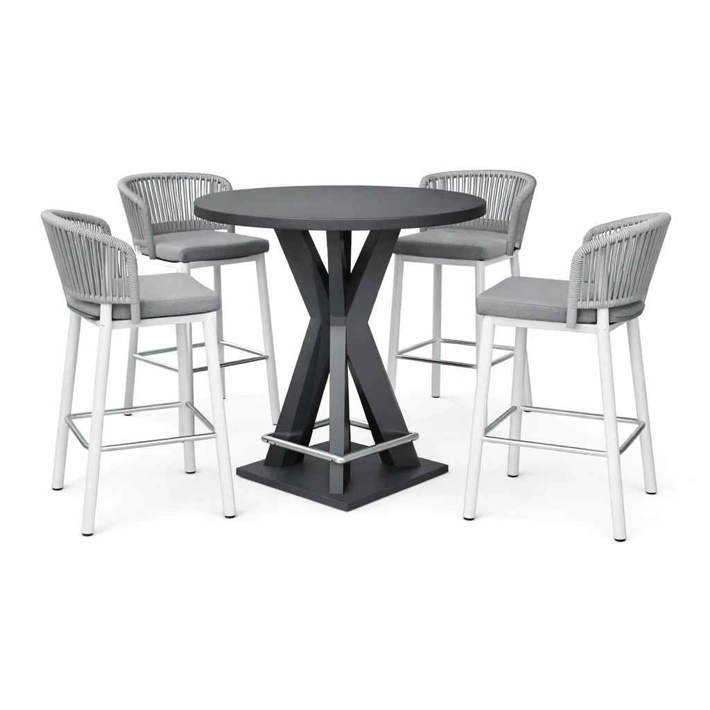 Set tavolo e sgabelli da bar rotondo in Metallo Nero con Quattro Sgabelli in Alluminio e Tessuto Grigio-FURNIFYHUB