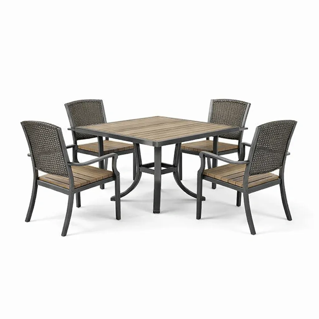 Set tavolo e sedie quadrato in Legno e Alluminio con Quattro Sedie in Rattan Sintetico-FURNVIBES