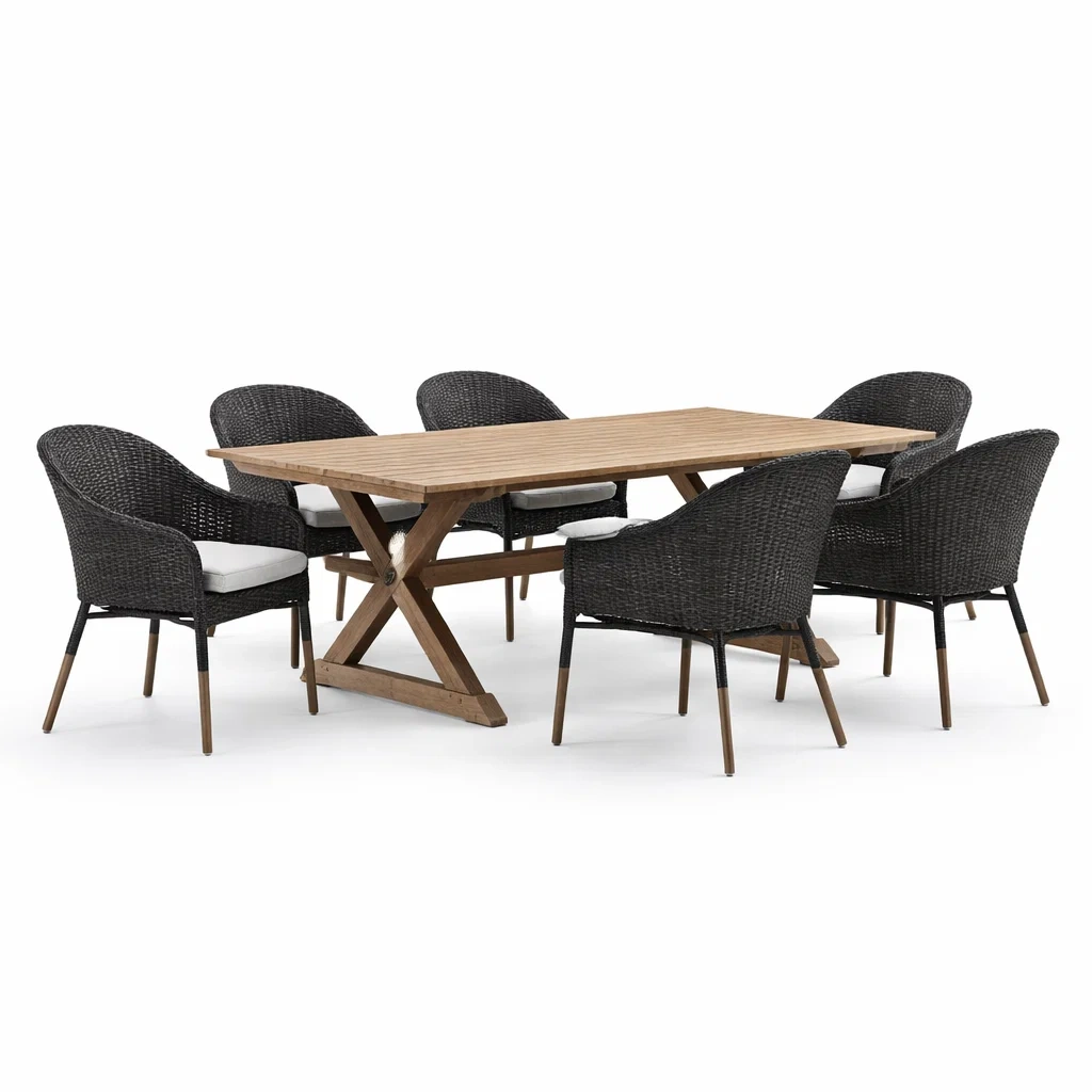 Set tavolo e sedie in Teak e Rattan con Cuscini-FURNVIBES