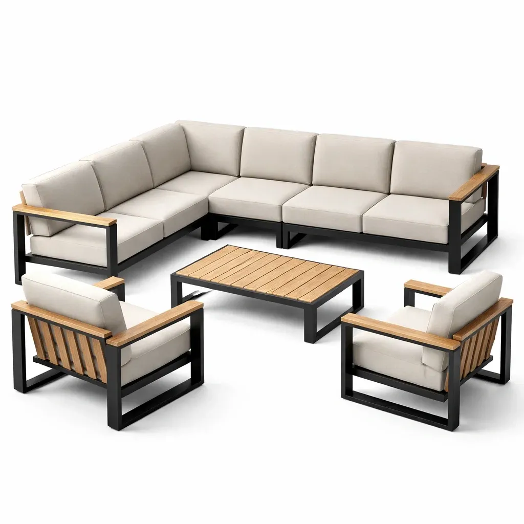 Set di divani in Alluminio e Acacia con Cuscini Beige-FURNVIBES