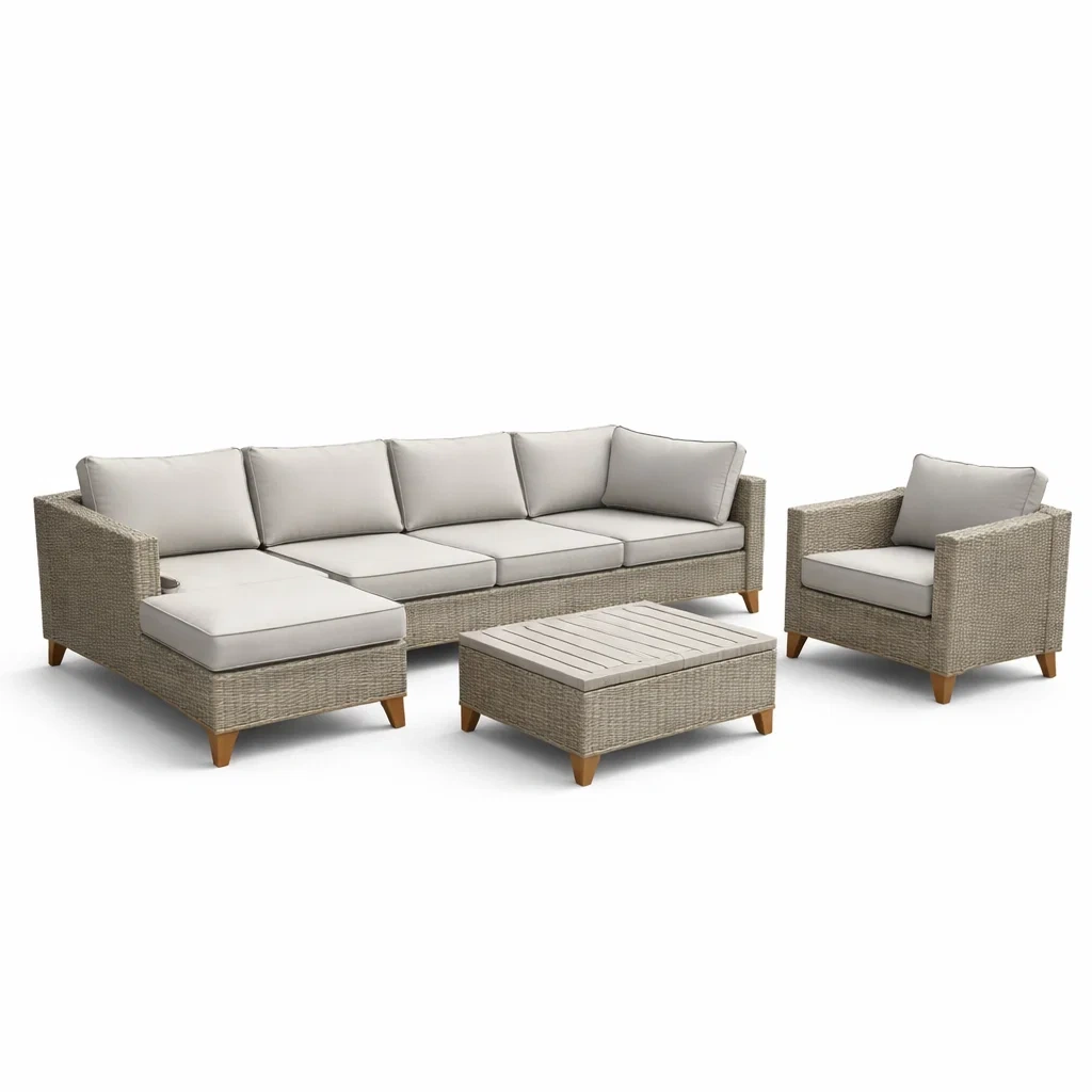 Set di divani in Rattan Sintetico Beige con Cuscini Grigi-FURNVIBES