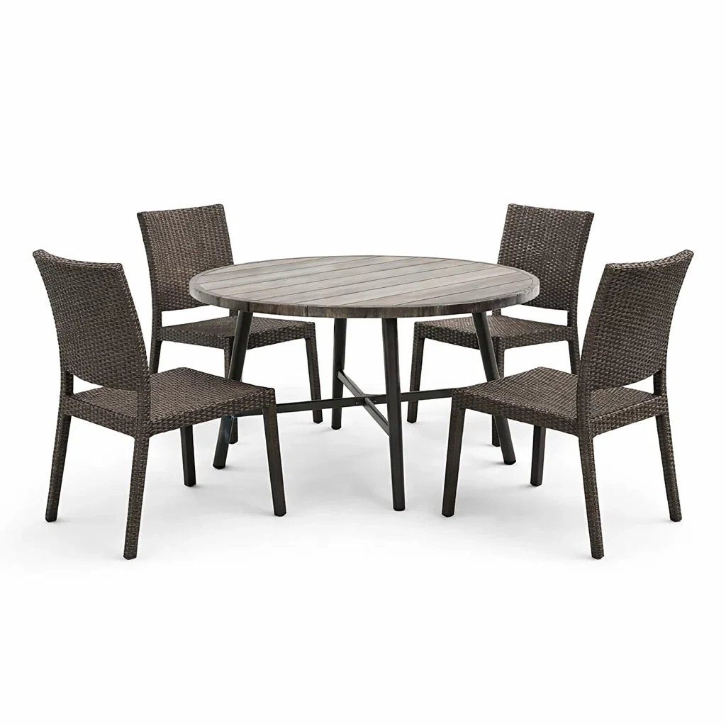 Set tavolo e sedie rotondo in Alluminio e Rattan Sintetico Marrone con Quattro Sedie-FURNVIBES