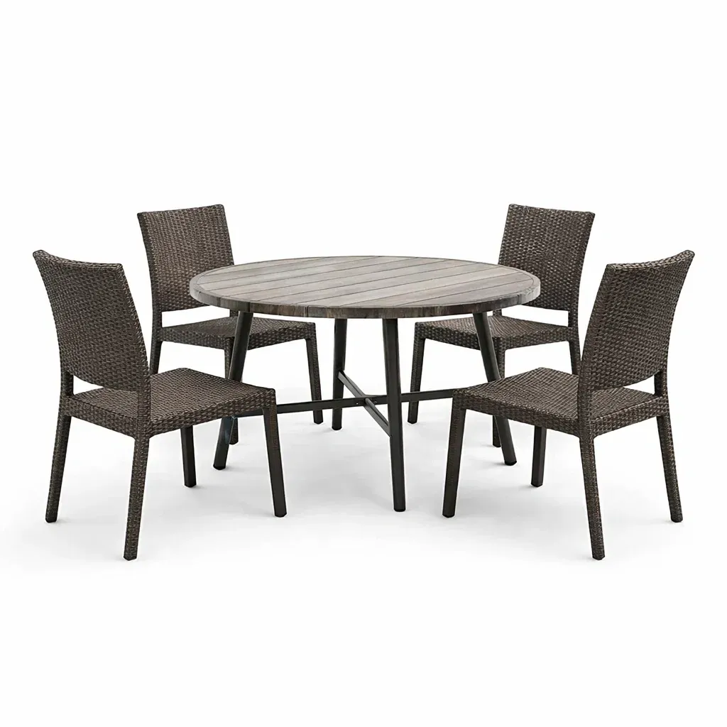 Set tavolo e sedie rotondo in Alluminio e Rattan Sintetico Marrone con Quattro Sedie-FURNVIBES