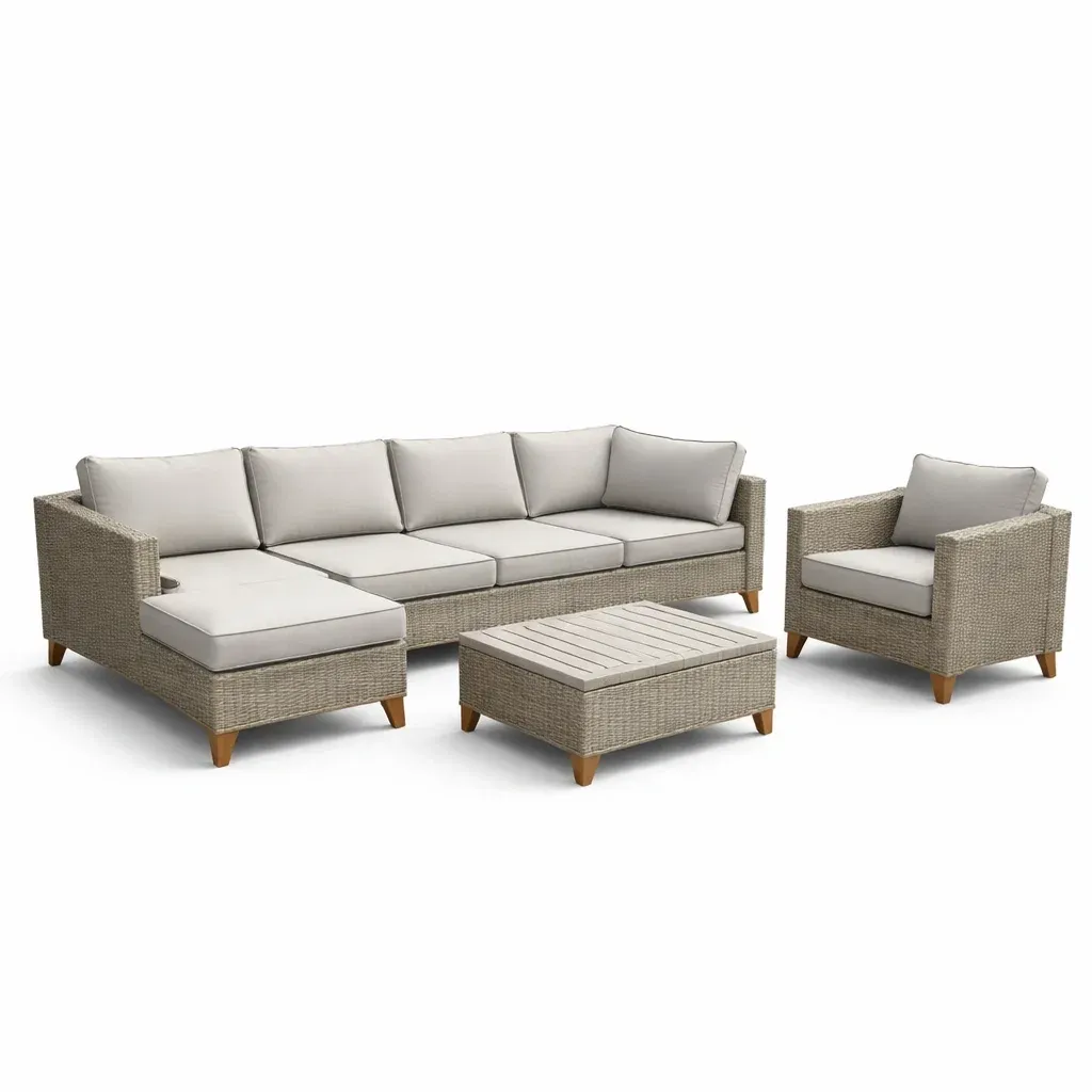 Set di divani in Rattan Sintetico Beige con Cuscini Grigi-FURNVIBES