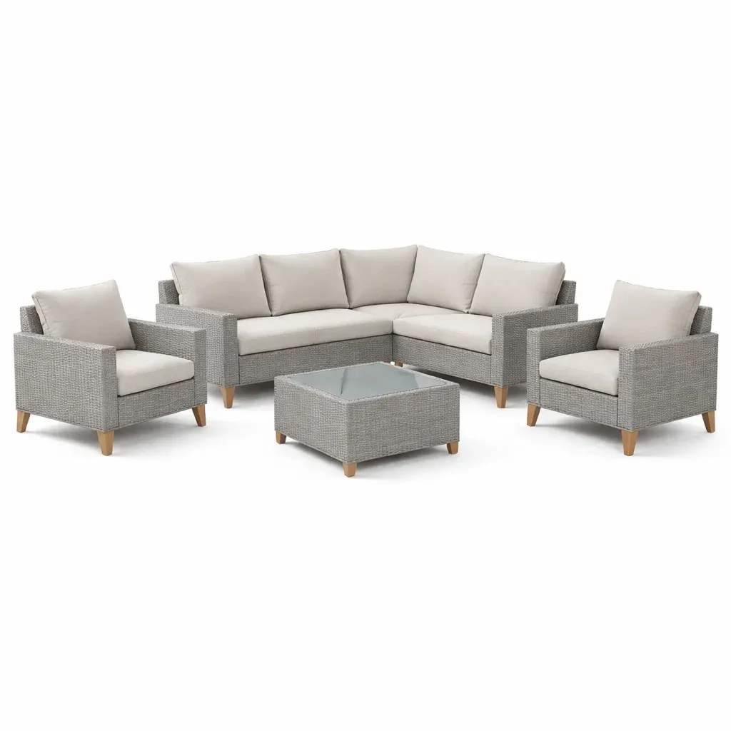 Set di divani angolare in Rattan Grigio con Cuscini in Poliestere Crema e Tavolino in Vetro-FURNVIBES