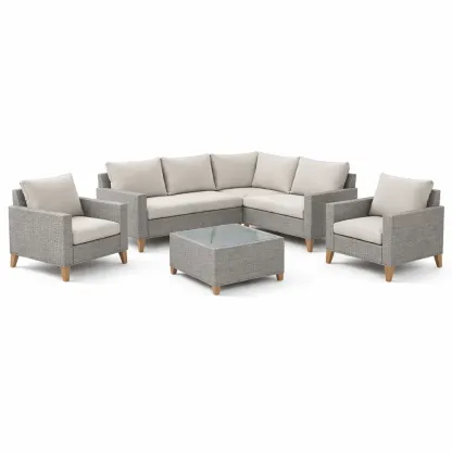 Set di divani angolare in Rattan Grigio con Cuscini in Poliestere Crema e Tavolino in Vetro-FURNVIBES