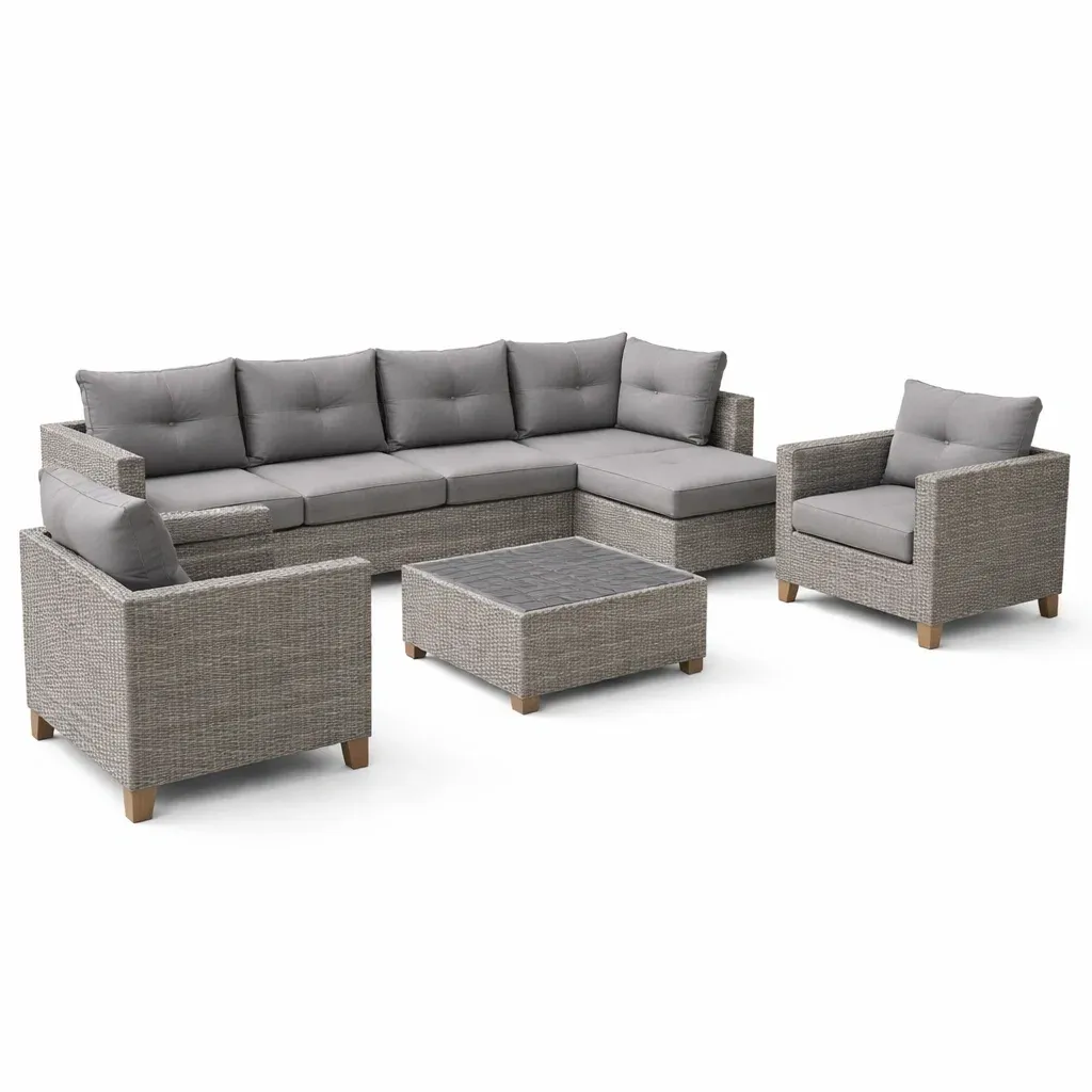 Set di divani angolare in Polyrattan con Cuscini Grigi-FURNVIBES