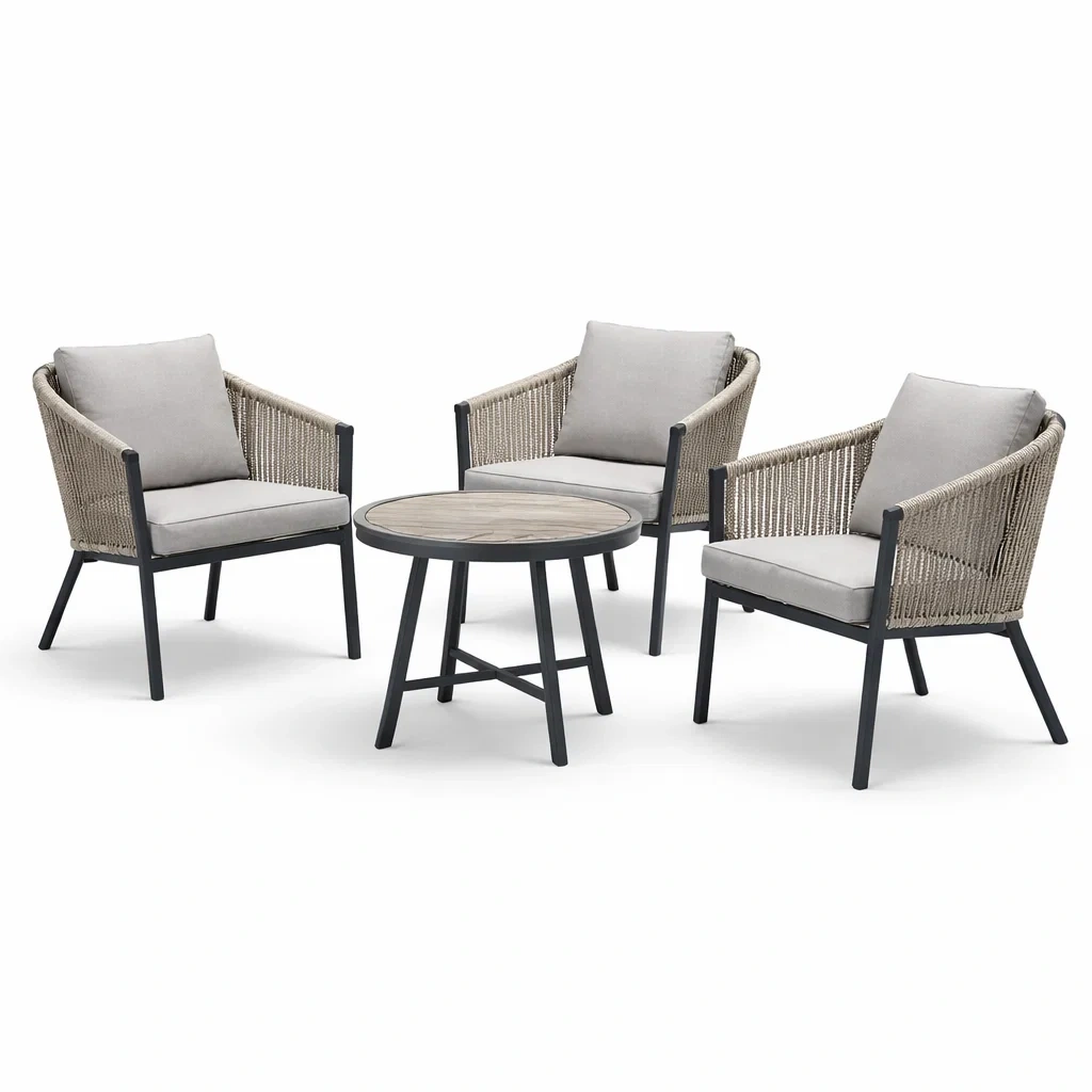 Set da conversazione in metallo con tavolino rotondo e cuscini grigi-FURNVIBES