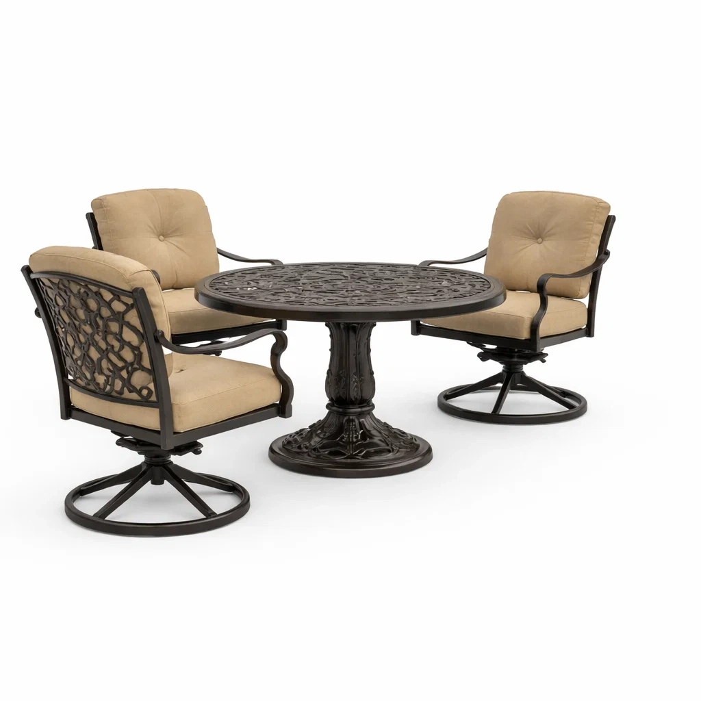 Set da conversazione con tavolo rotondo in alluminio e 3 sedie girevoli con cuscini beige-FURNVIBES