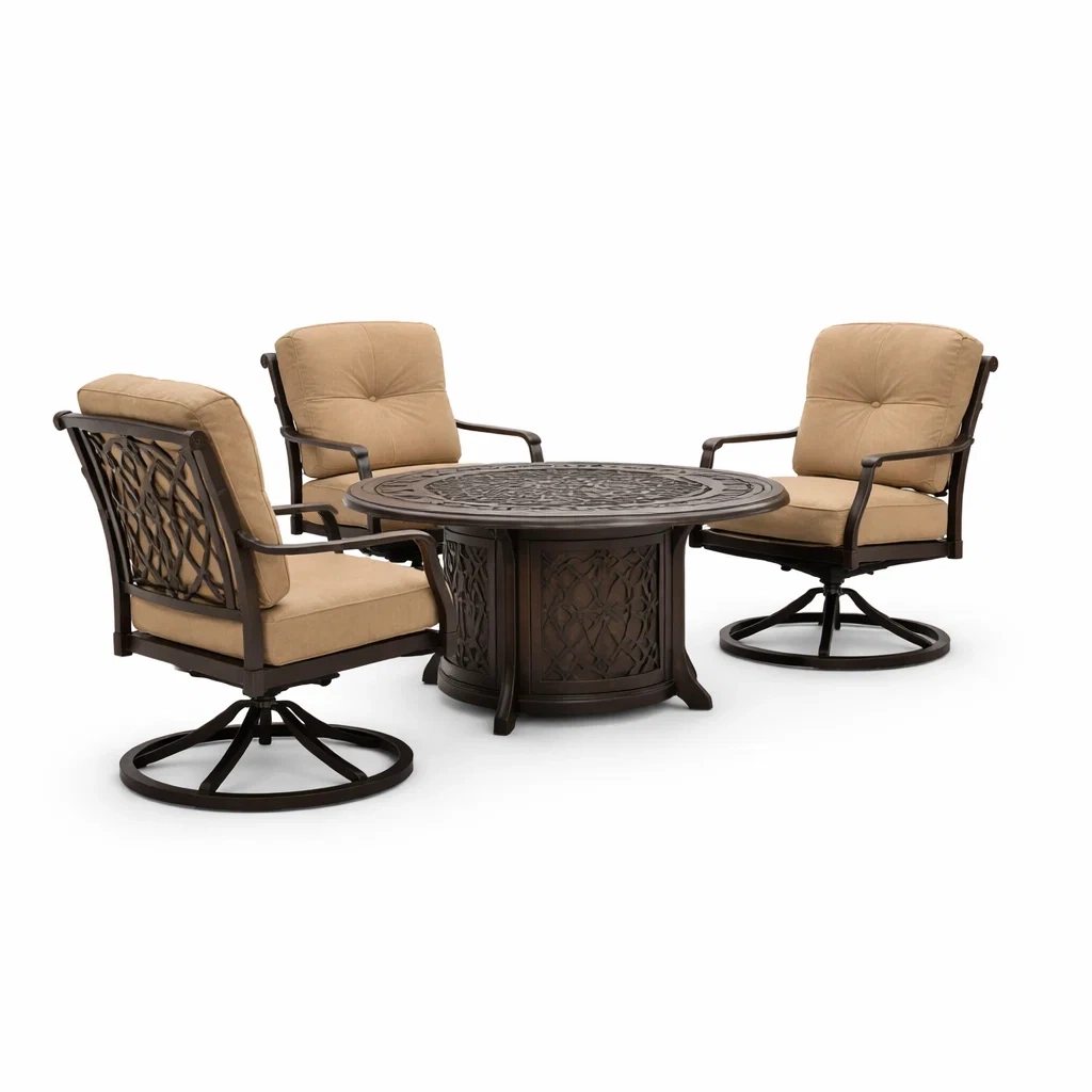 Set da conversazione in alluminio con cuscini beige e tavolo rotondo-FURNVIBES