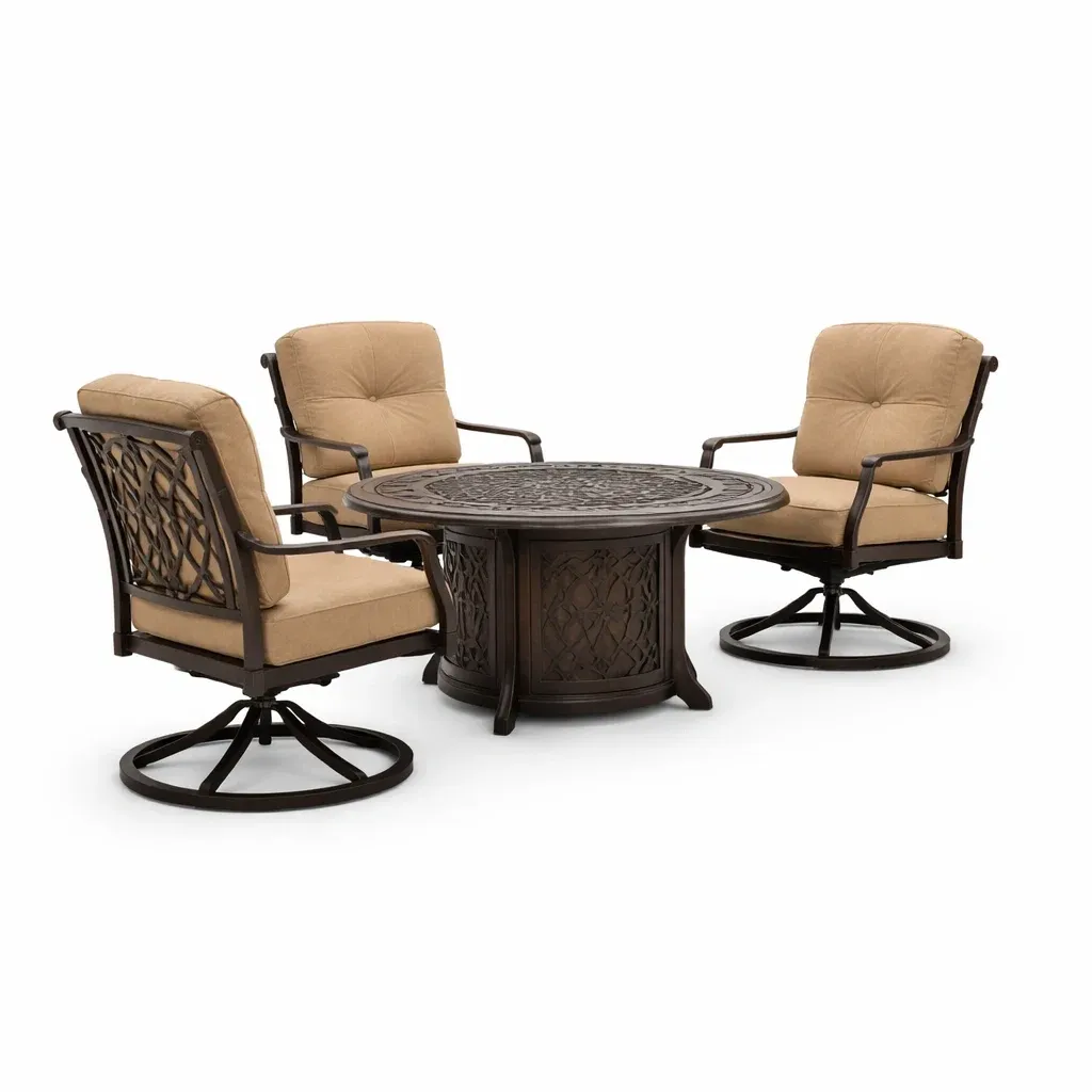 Set da conversazione in alluminio con cuscini beige e tavolo rotondo-FURNVIBES