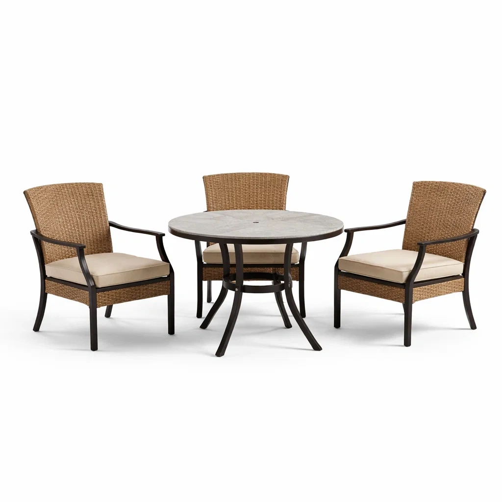 Set da conversazione 4 pezzi con tavolo in metallo e sedie in rattan con cuscini beige-FURNVIBES