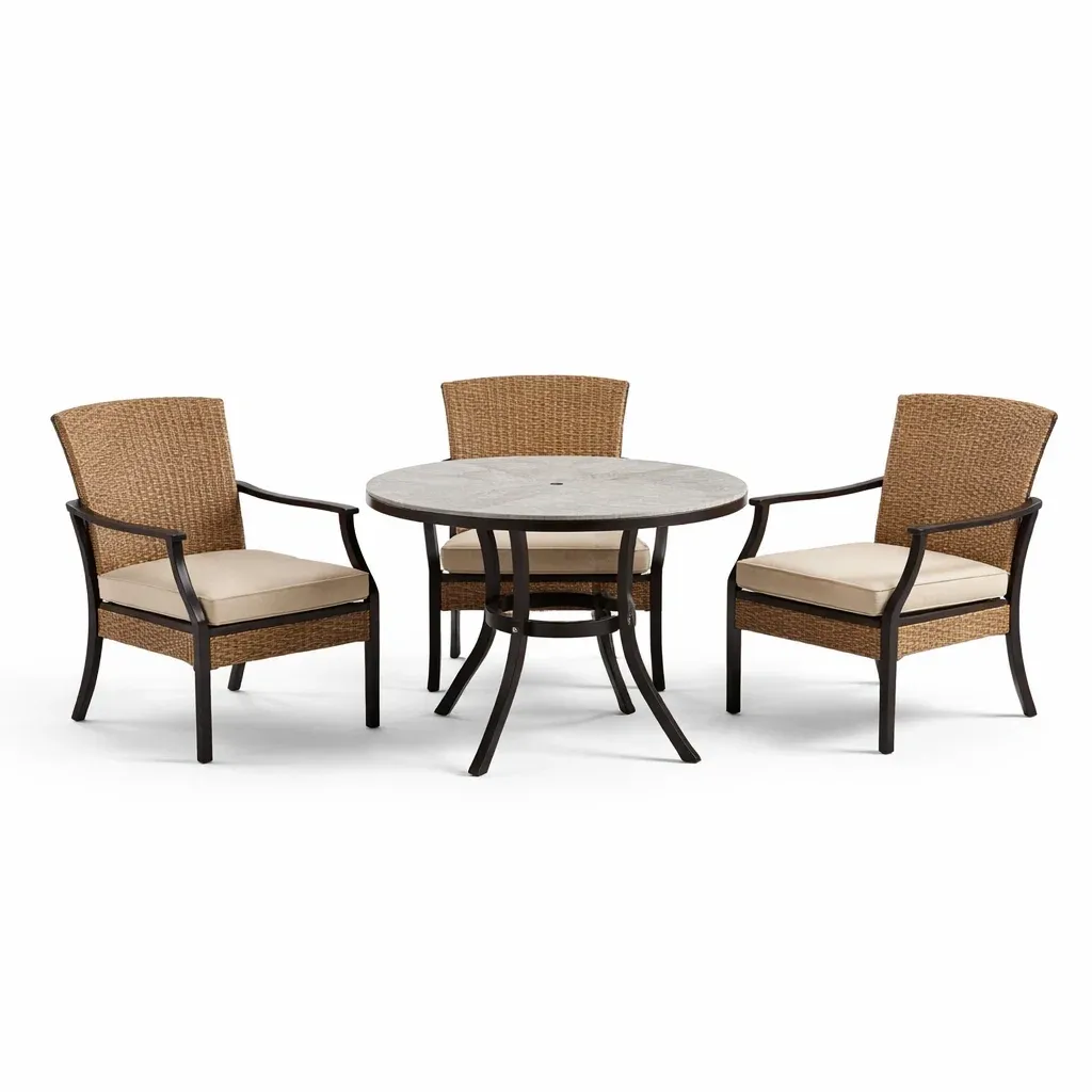 Set da conversazione 4 pezzi con tavolo in metallo e sedie in rattan con cuscini beige-FURNVIBES