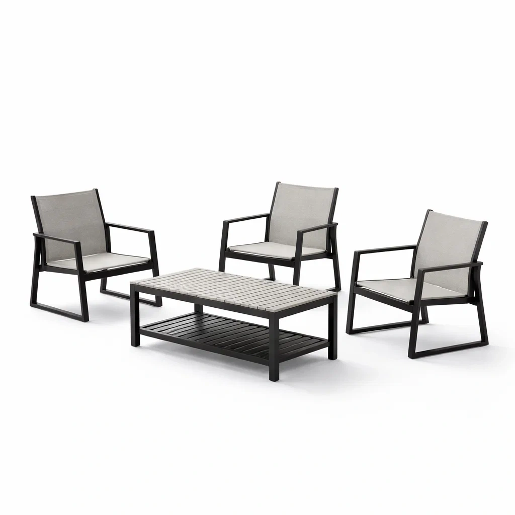 Set da conversazione in metallo con sedie e tavolo grigio-FURNVIBES