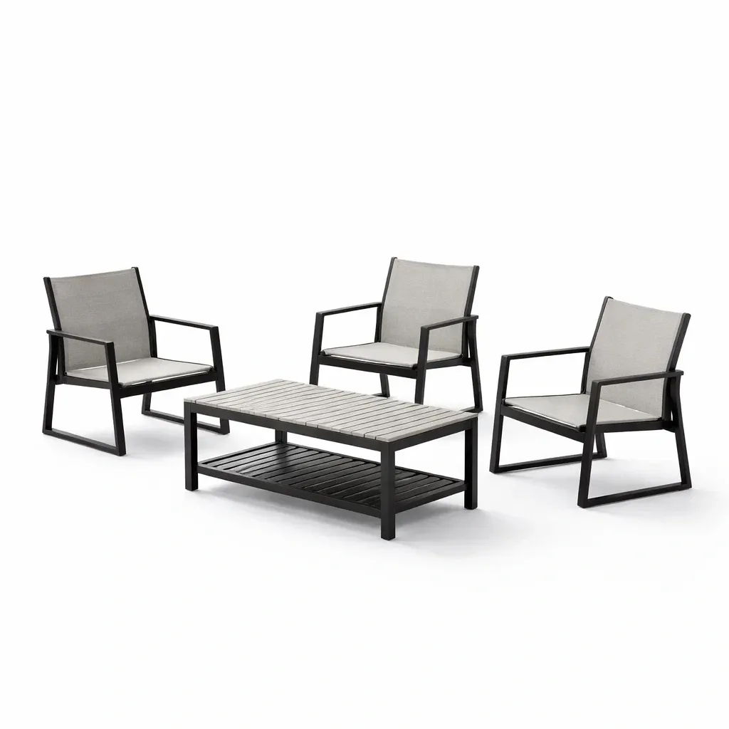 Set da conversazione in metallo con sedie e tavolo grigio-FURNVIBES