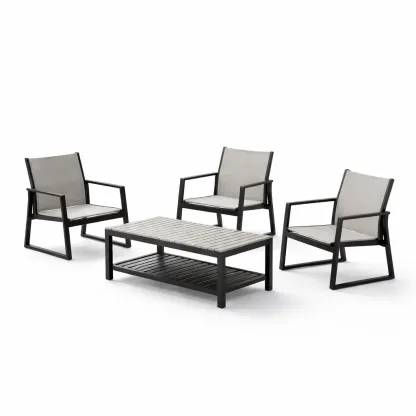 Set da conversazione in metallo con sedie e tavolo grigio-FURNVIBES