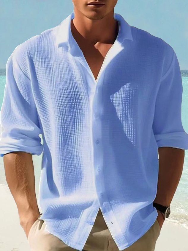 Retro Basics Herren-Langarmhemd aus schnelltrocknendem Seersucker mit Knöpfen