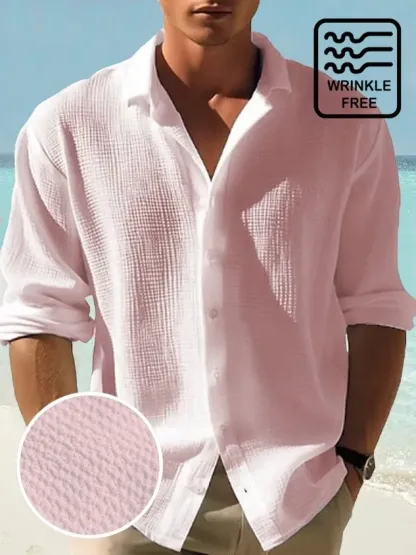Retro Basics Herren-Langarmhemd aus schnelltrocknendem Seersucker mit Knöpfen