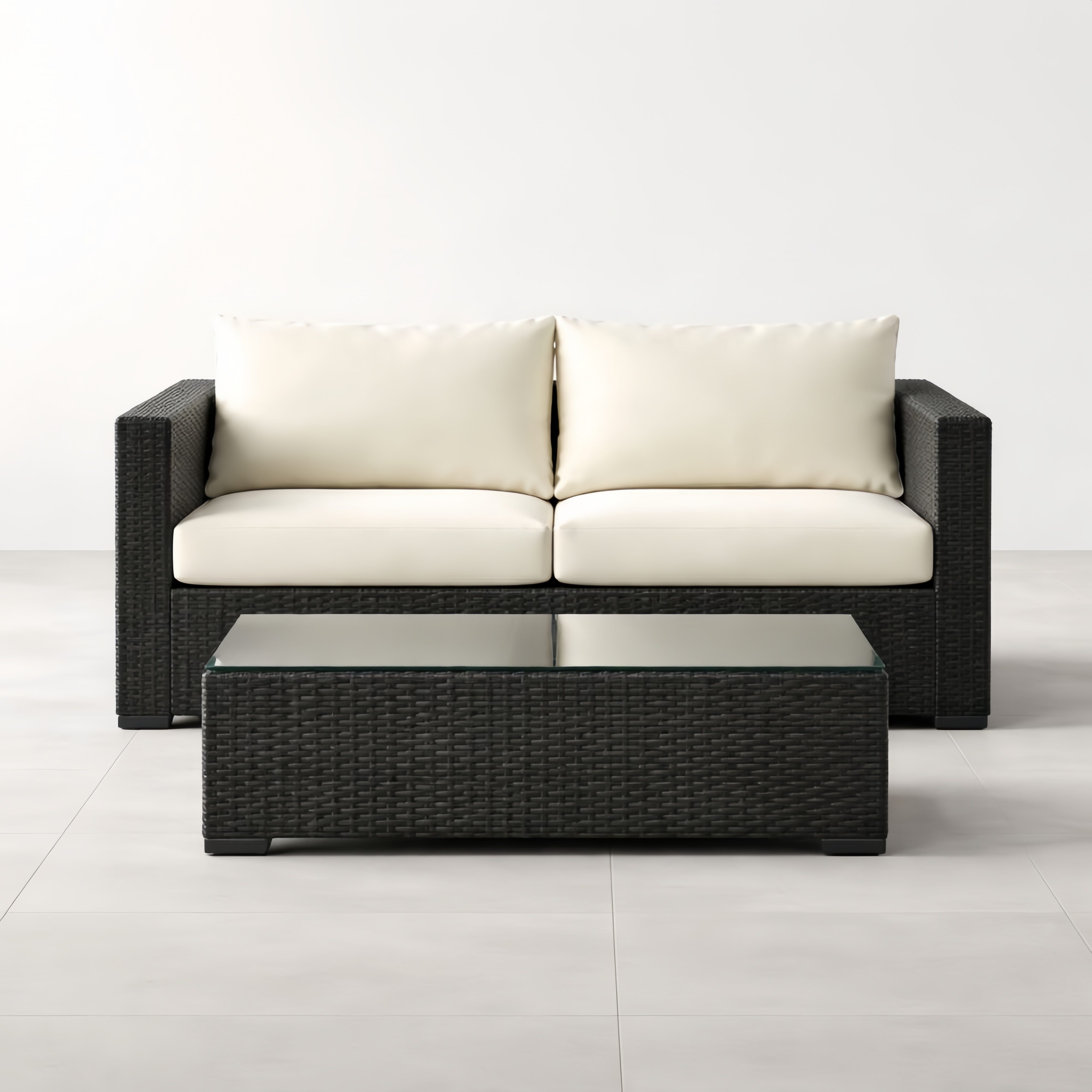 Set Divano 2 Posti e Tavolino in Rattan con Cuscini e Vetro Temperato