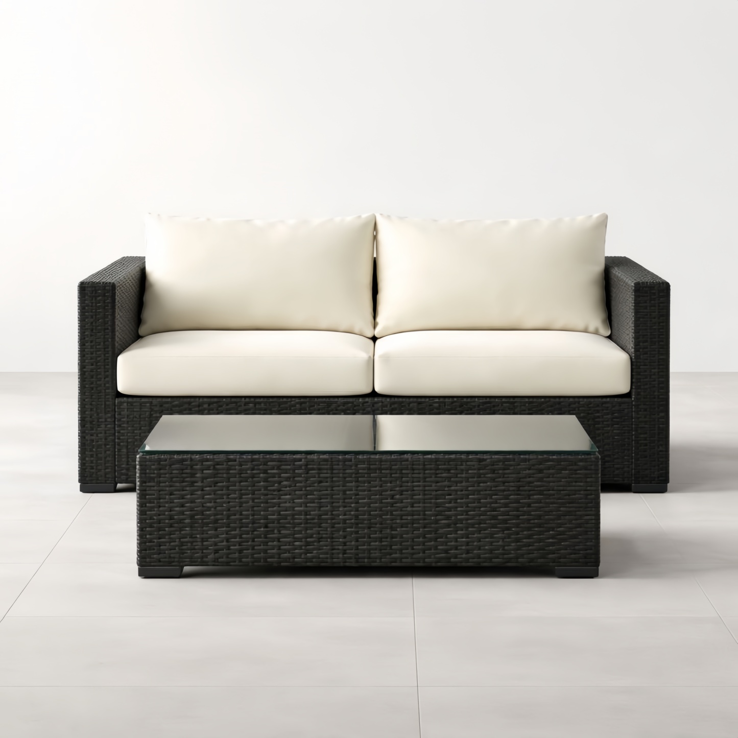 Set Divano 2 Posti e Tavolino in Rattan con Cuscini e Vetro Temperato