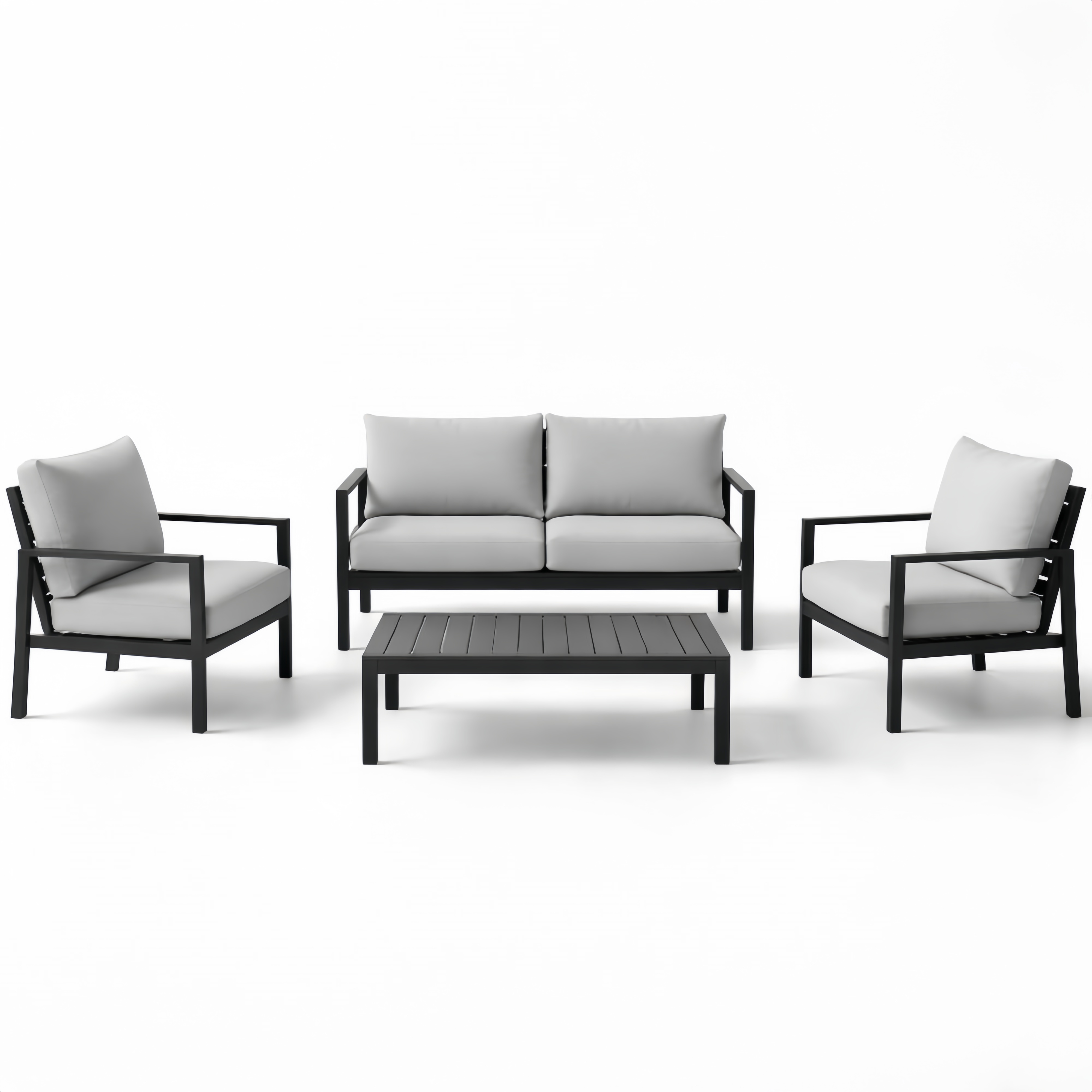Set da esterno in alluminio con cuscini grigi, 2 poltrone, divano e tavolino