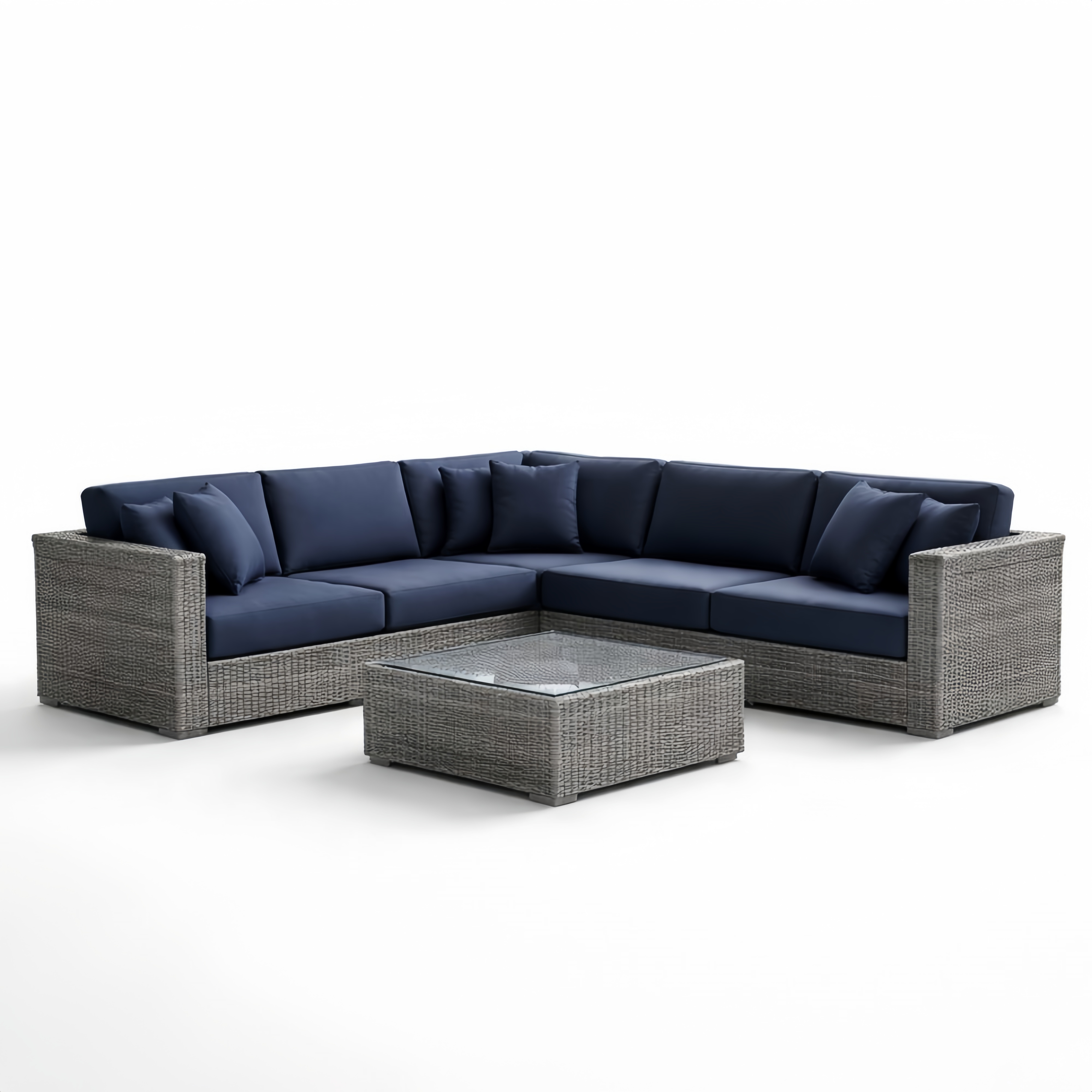 Set Divano Angolare in Rattan Grigio con Cuscini in Poliestere Blu e Tavolino in Vetro Temperato