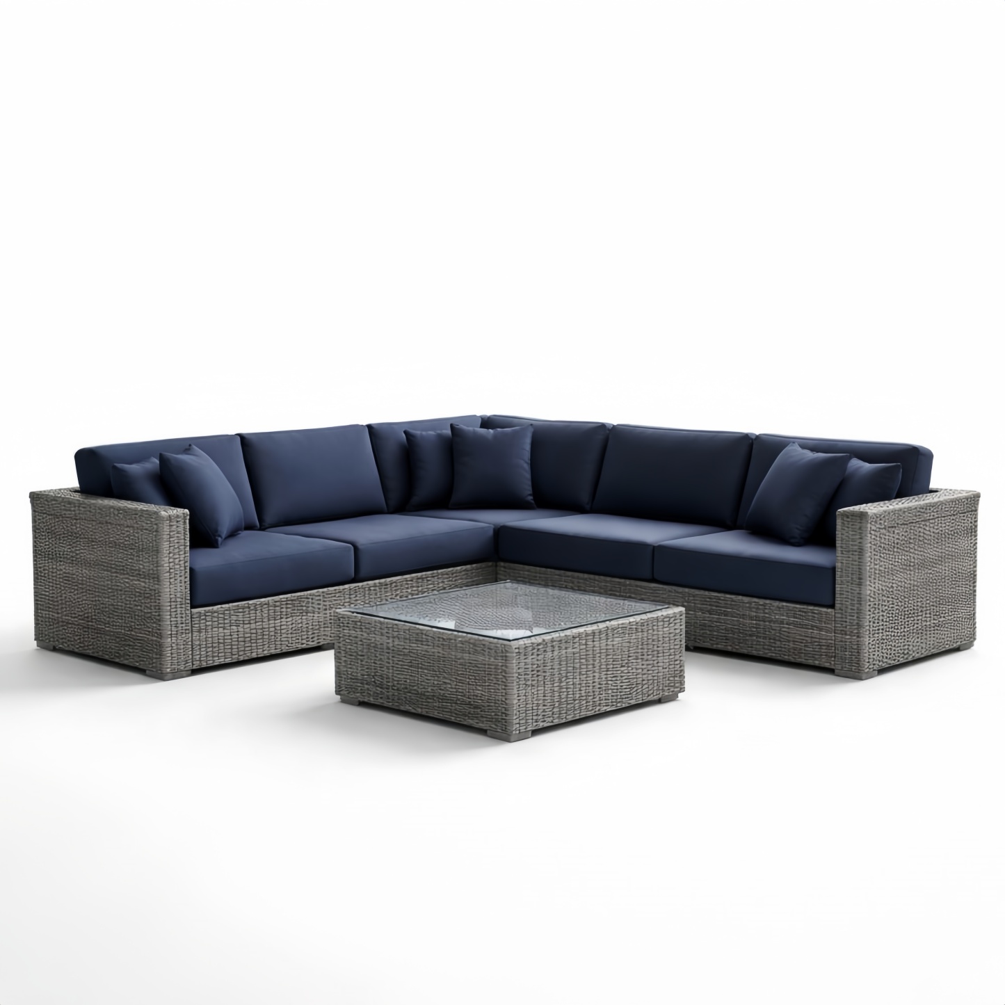Set Divano Angolare in Rattan Grigio con Cuscini in Poliestere Blu e Tavolino in Vetro Temperato